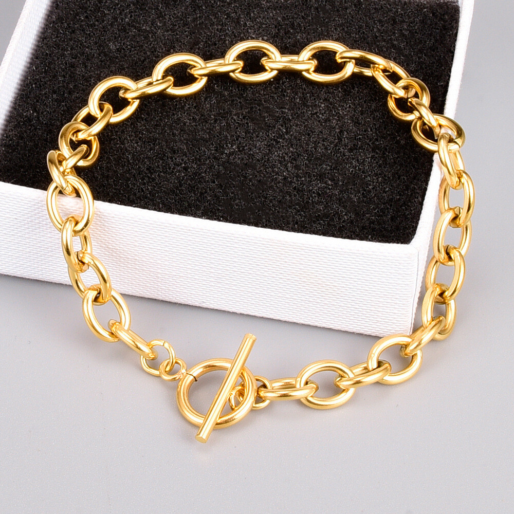 Woman 18K Gold Plated Stainless Steel Rolo Link Chain Bracelet 8.3” Toggle