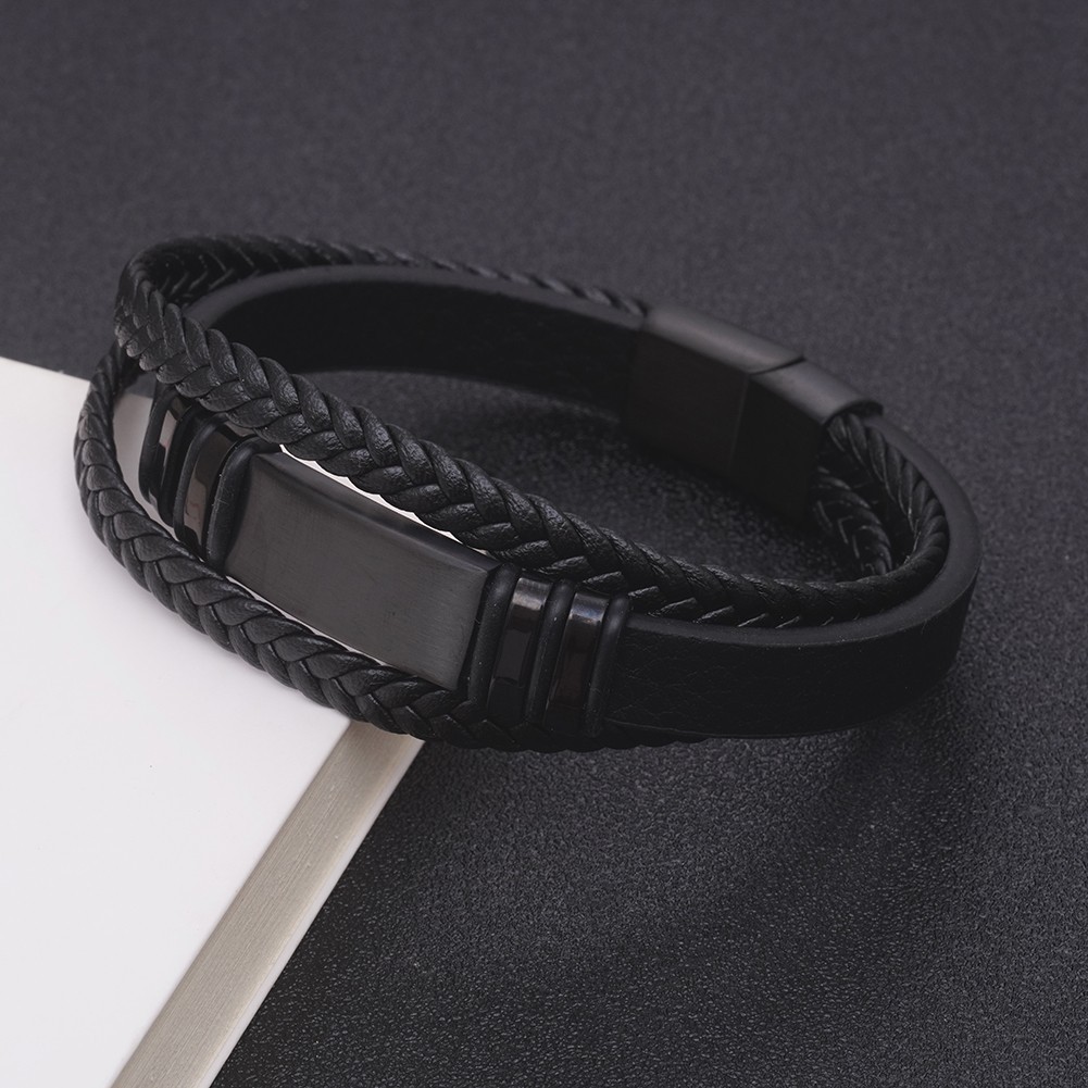 Men Multi Layer Braided Leather Bracelet Silver Gold Black Stainless Steel Clasp
