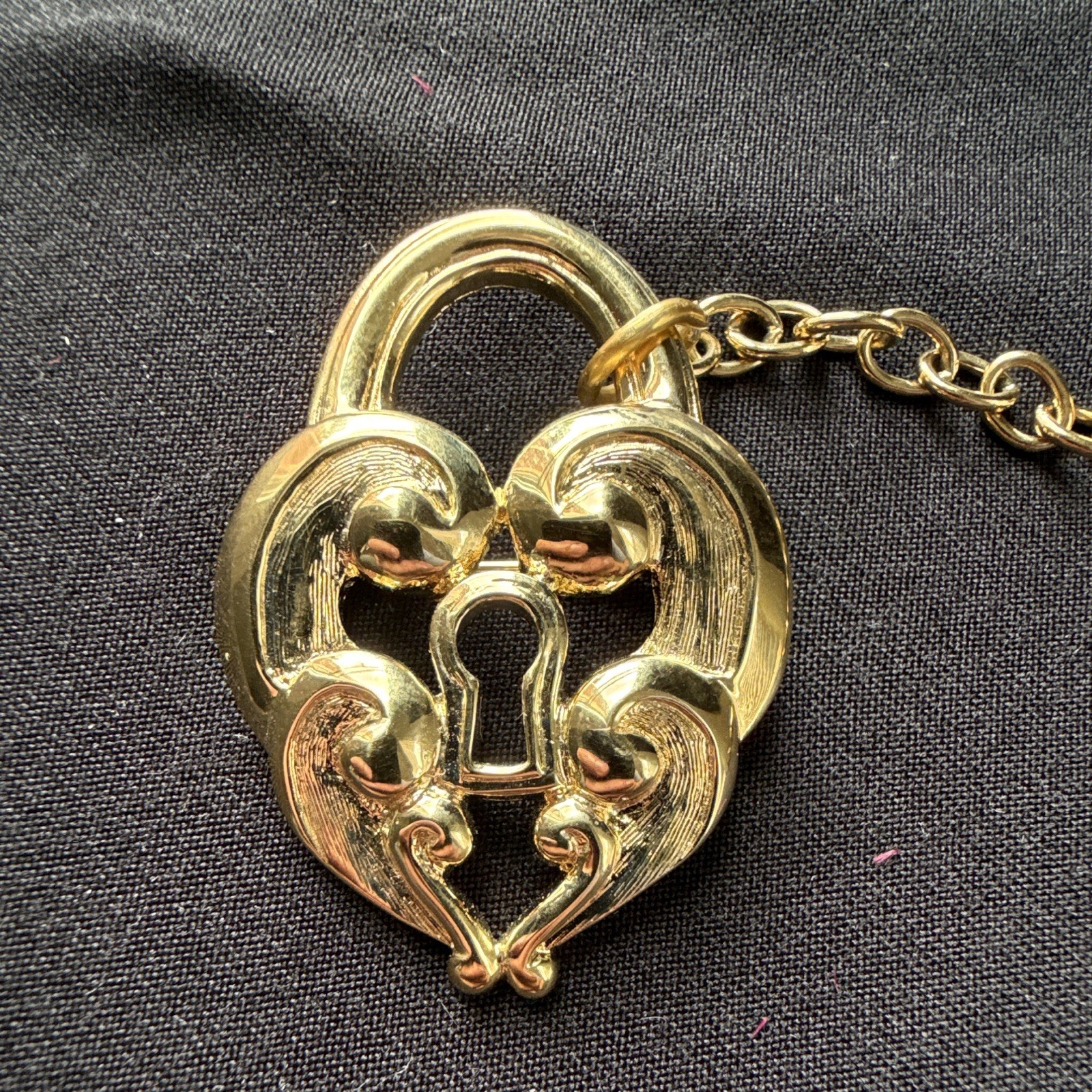 Vintage Trifari Signed Gold Tone Heart Padlock Dangle Brooch Pin Chain Key Charm