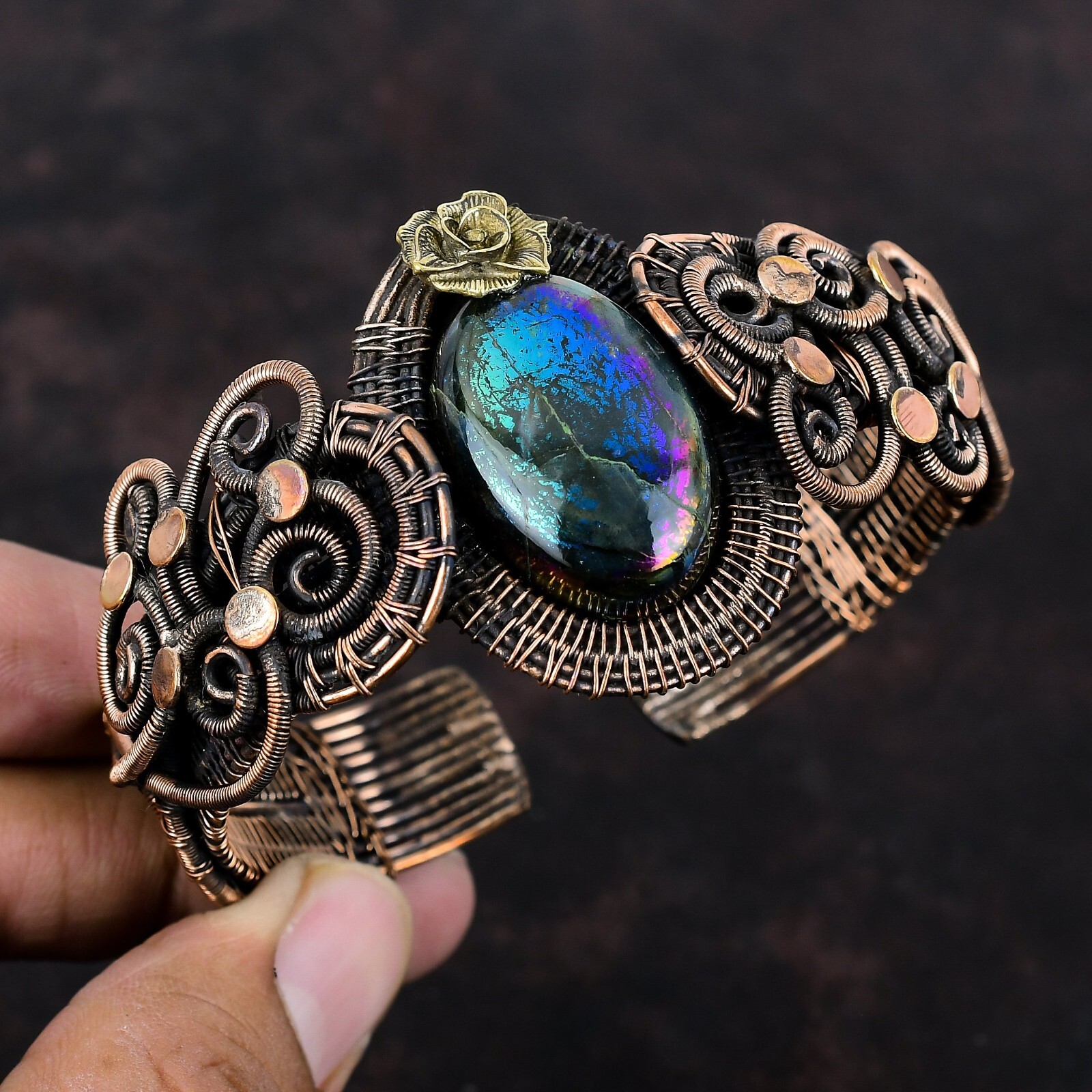Gift For Her Mystic Fire Labradorite Wire Wrapped Flower Adjustable Cuff Copper