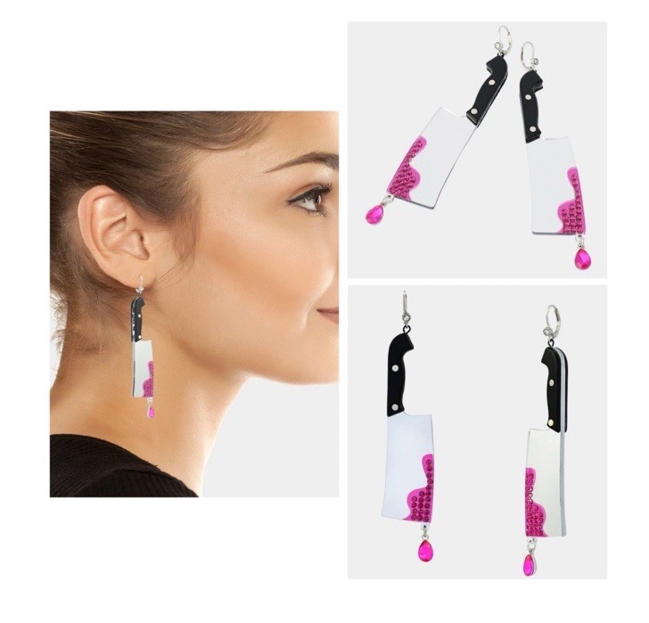 Betsey Johnson Black Handle Cleaver Drop Earrings Crystal Accents For Blood NWT