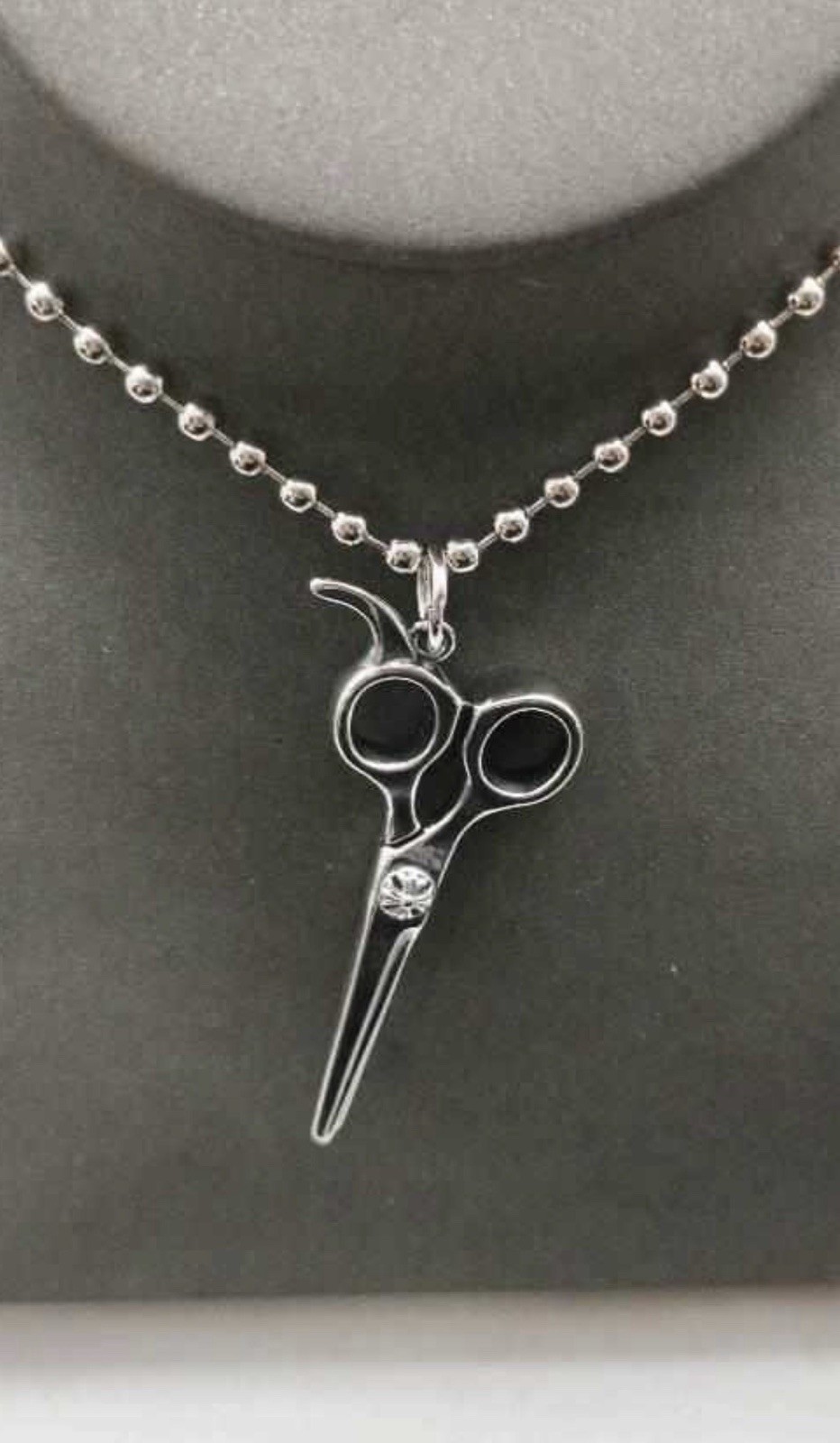 Chrome Scissors Charm Pendant Necklace on Ball Chain, Clear Crystal