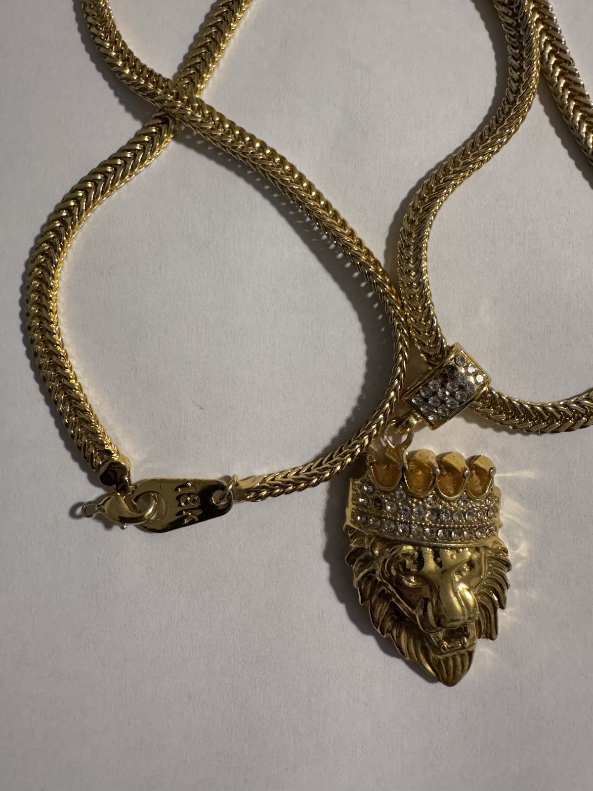 Gold Plated Cuban Link Chain Necklace Lion Head Crown Charm Pavé Rhinestone
