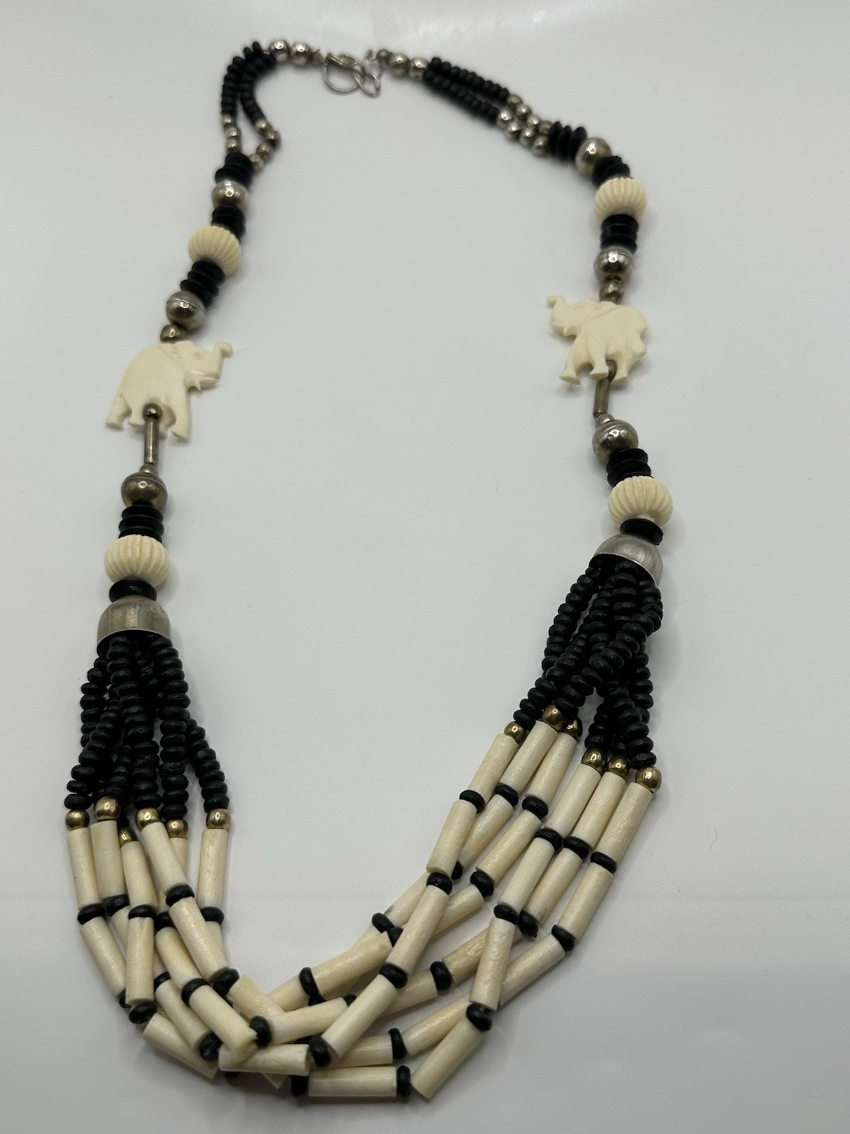 Black And Ivory Resin Boho Tribal Beaded Necklace W/Elephants 24”. AS IS