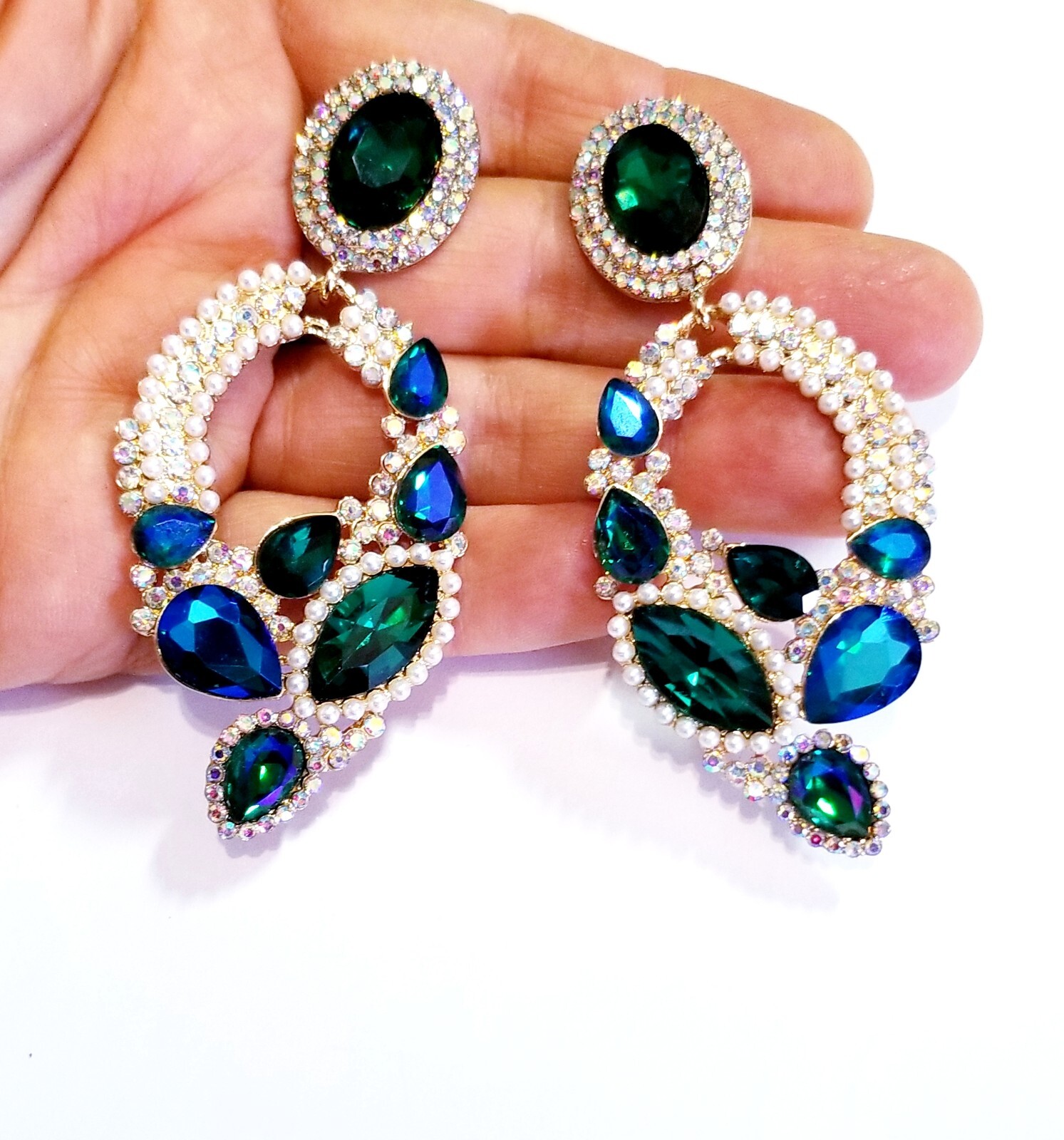 Chandelier Rhinestone Crystal Pageant Bridal Earrings Blue Drop Dangle 3.2 Inch