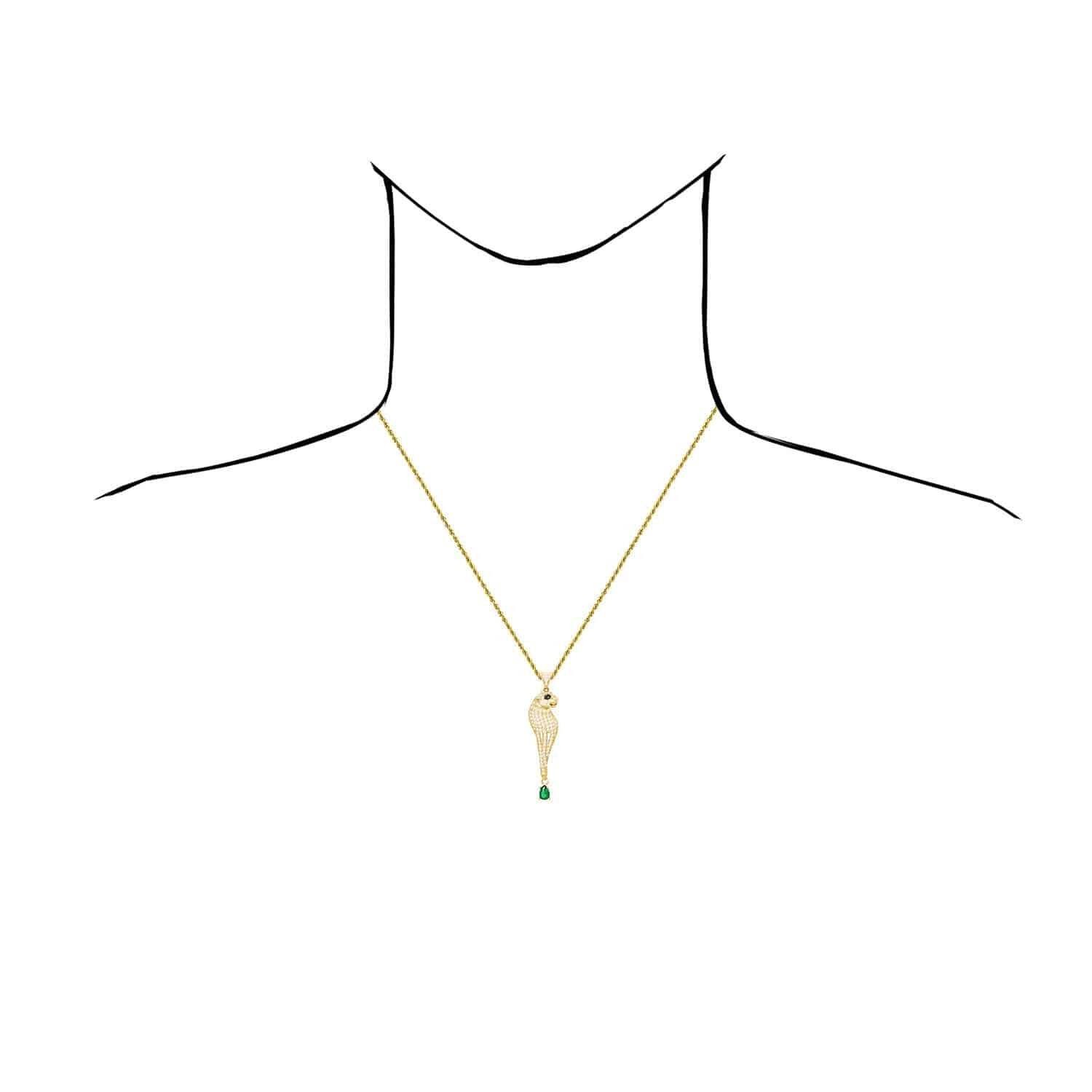 14K Yellow Gold Simulated Diamond Pave Panther Pendant With Dangle Pear Emerald