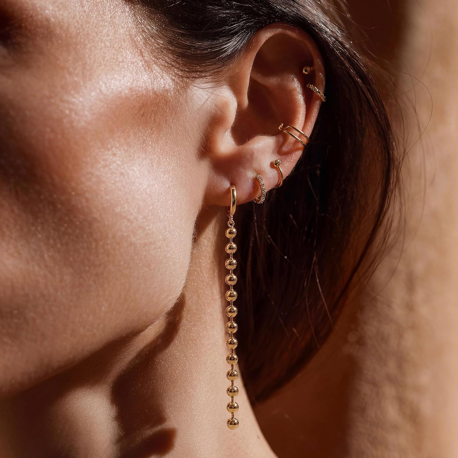 Women Chain Earrings Gold Huggie Hoop Dangle Drop 14K Gold Filled Small Boho Bea
