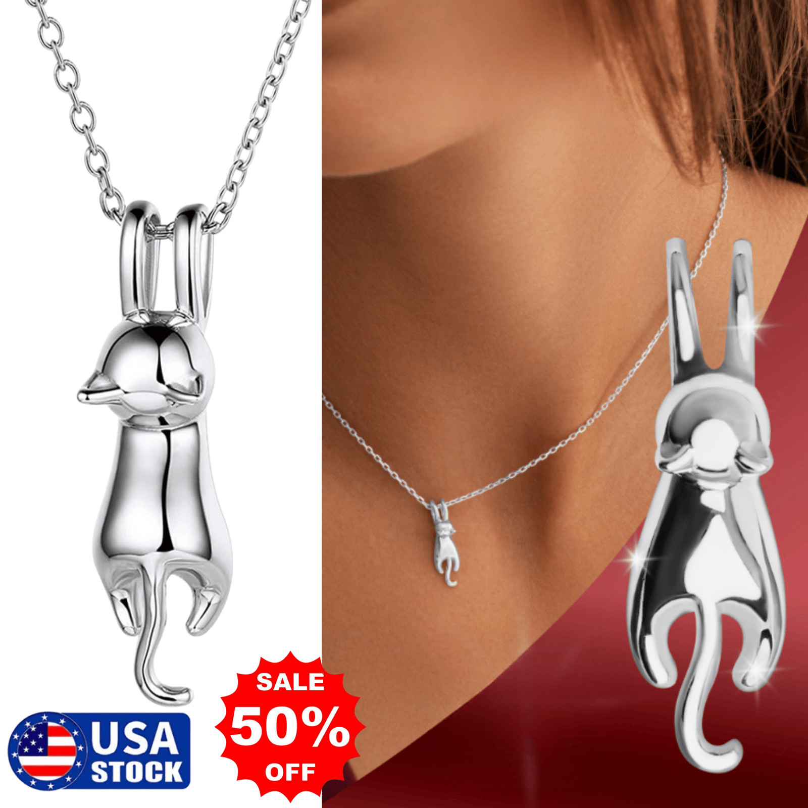 Cat Pendant Necklace Kitty Chain Silver Womens Girl Jewellery Cat Necklace USA