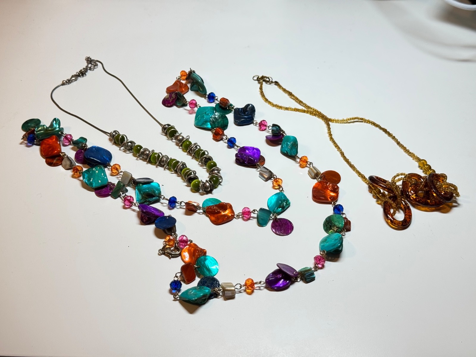 Lot of 3 Boho Chic Necklaces Colorful Mother of Pearl Shell Amber Lucite Chain