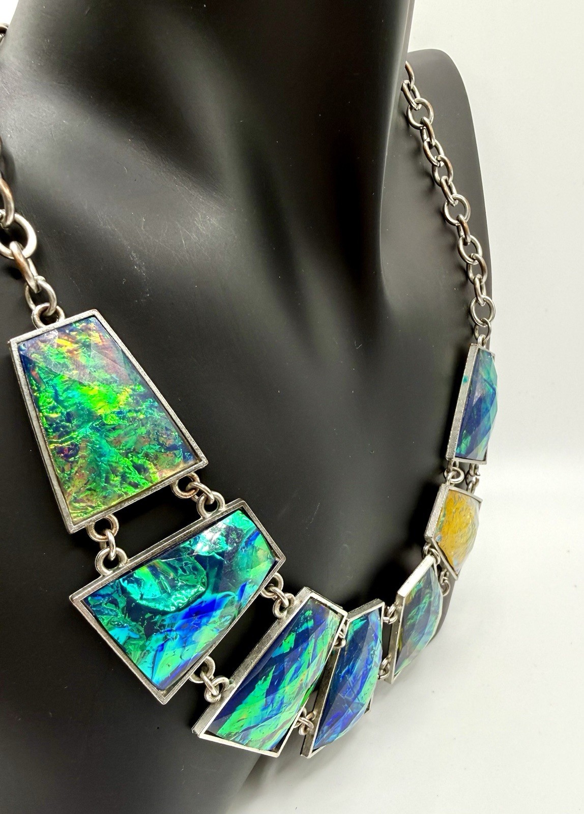 Artisan Dichroic Fused Glass Statement Necklace Geometric Iridescent Green Blue