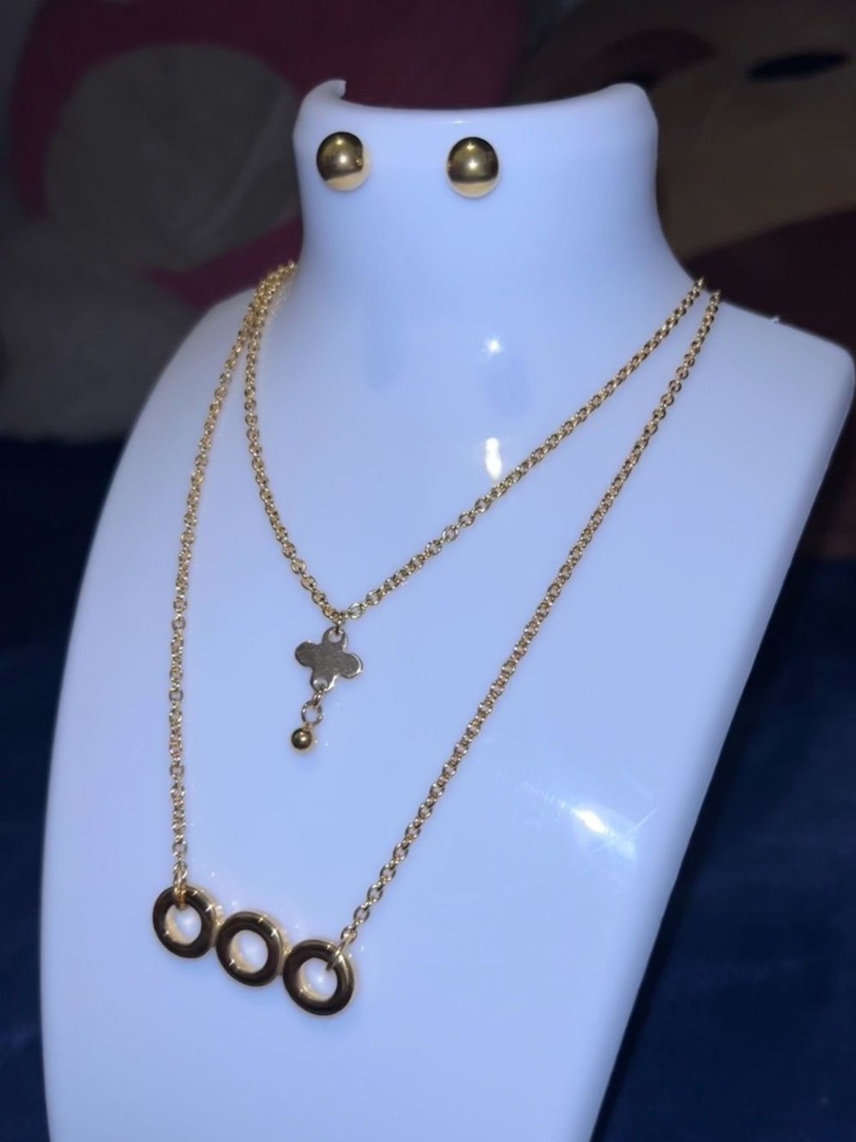 Gold Layered Circle & Clover Pendant Necklace Set – Women Jewelry