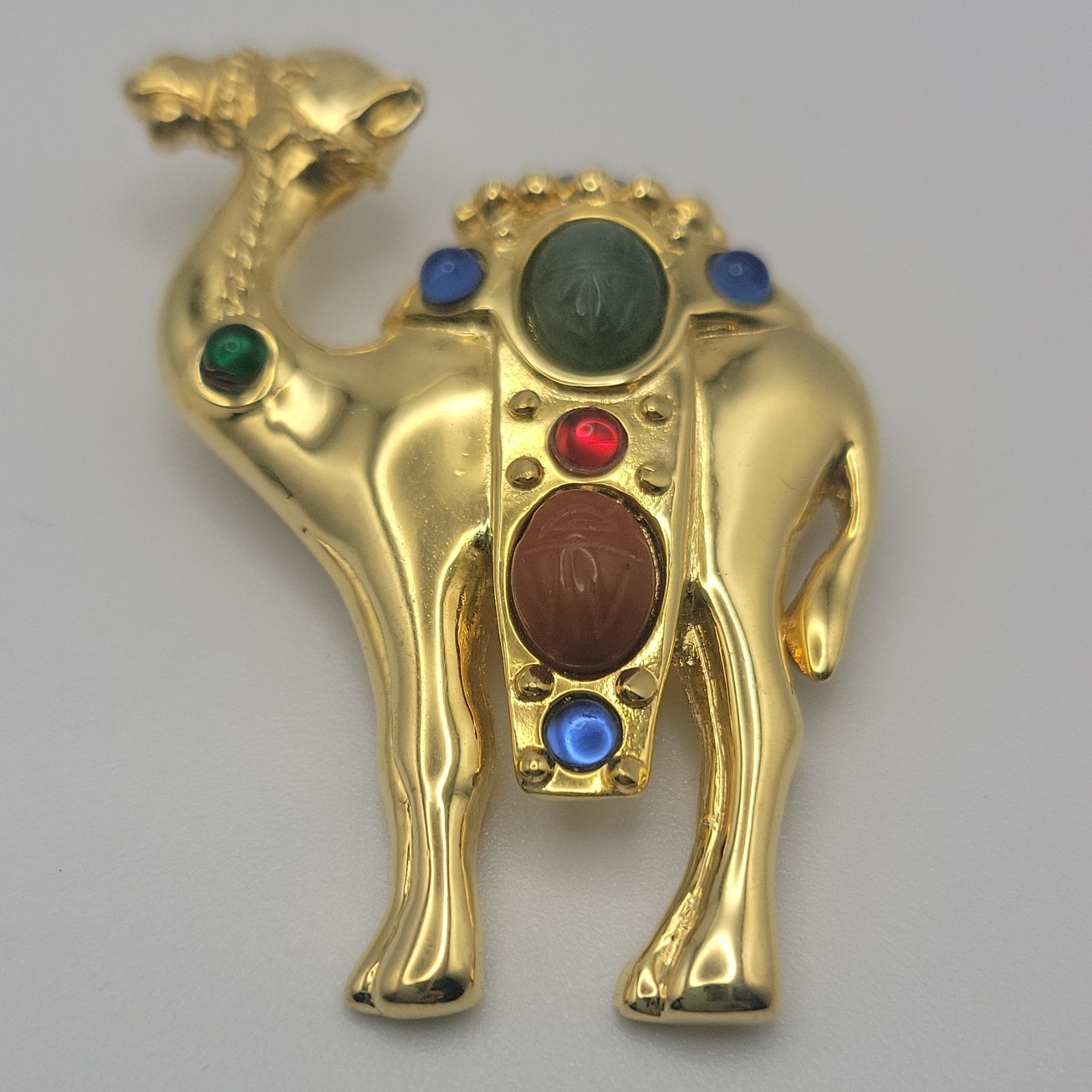 Gold Tone Engraved Camel Brooch Pin Multicolor Cabochon Stones Signed 2in
