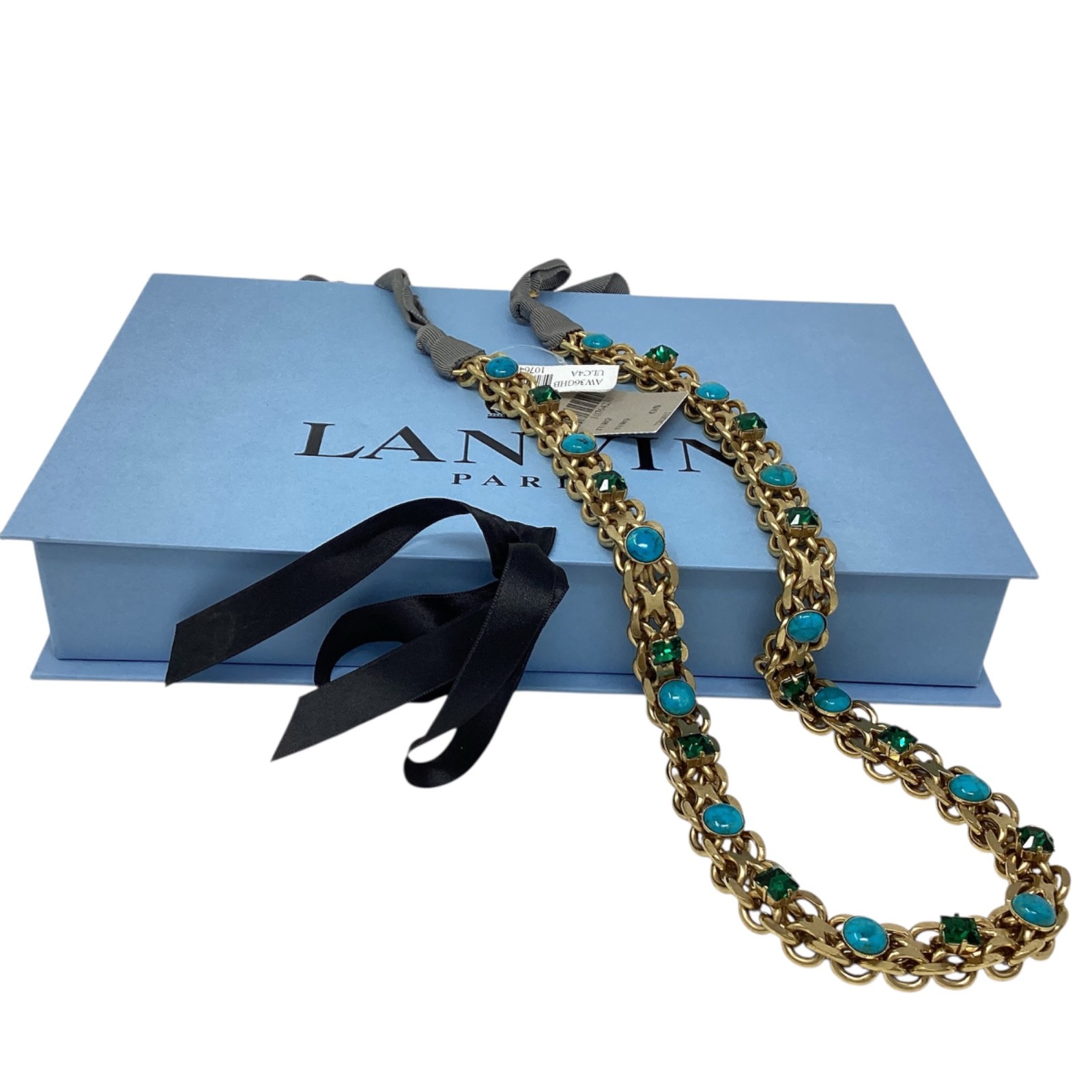 Lanvin Paris Long Necklace / Belt Gold-Tone Turquoise & Green Crystal New + Box