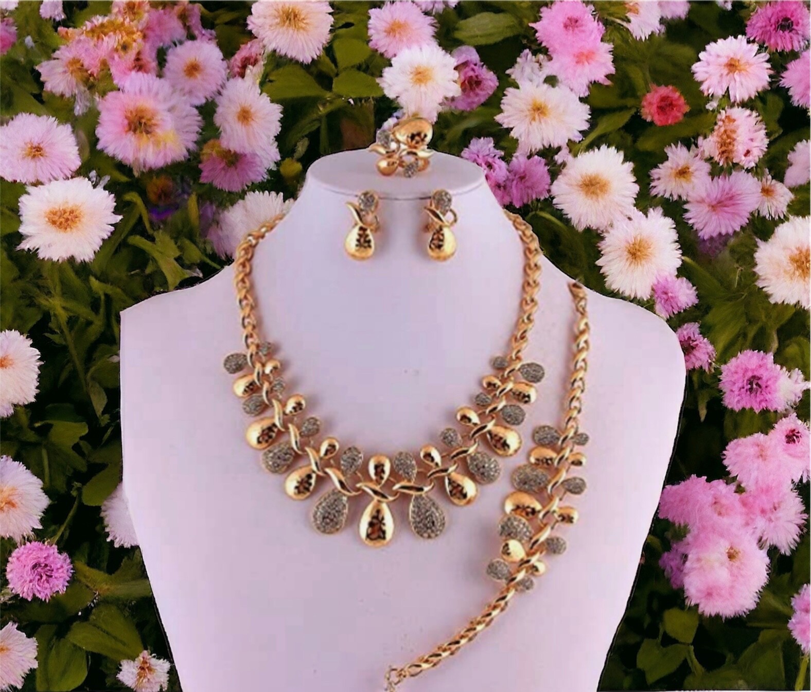 Floral Statement Jewelry Set Necklace Earrings Ring Bracelet Gift for Women