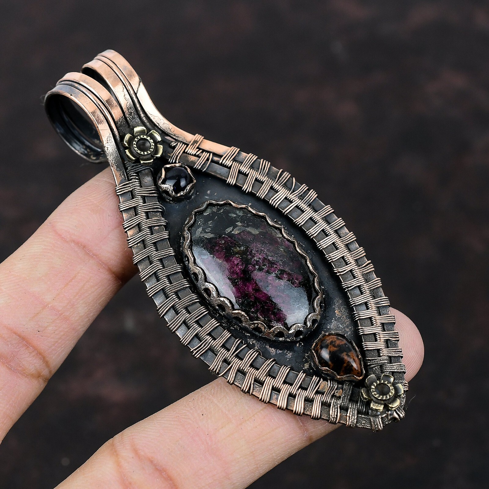 Eudialyte Gemstone Jewelry Copper Gift For Mum Wire Wrapped Flower Pendant 3.54″
