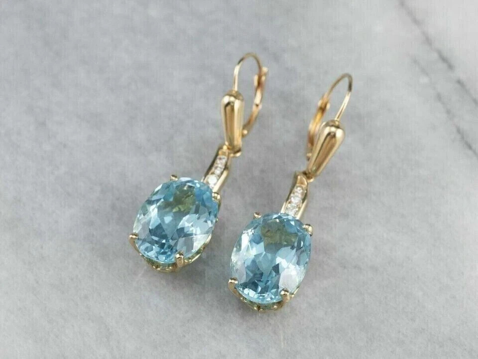 4Ct Oval Cut Simulated Aquamarine Drop & Dangle Earrings 14K Yellow Gold Plated