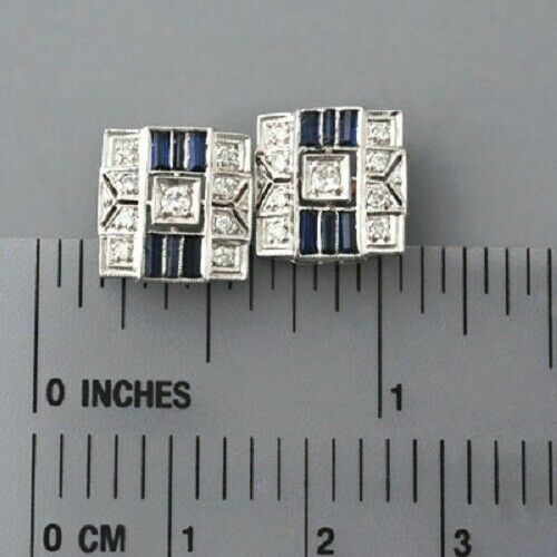 Art Deco Stud Earrings With Simulated 0.35CT Blue & White Sapphire In 935 Silver