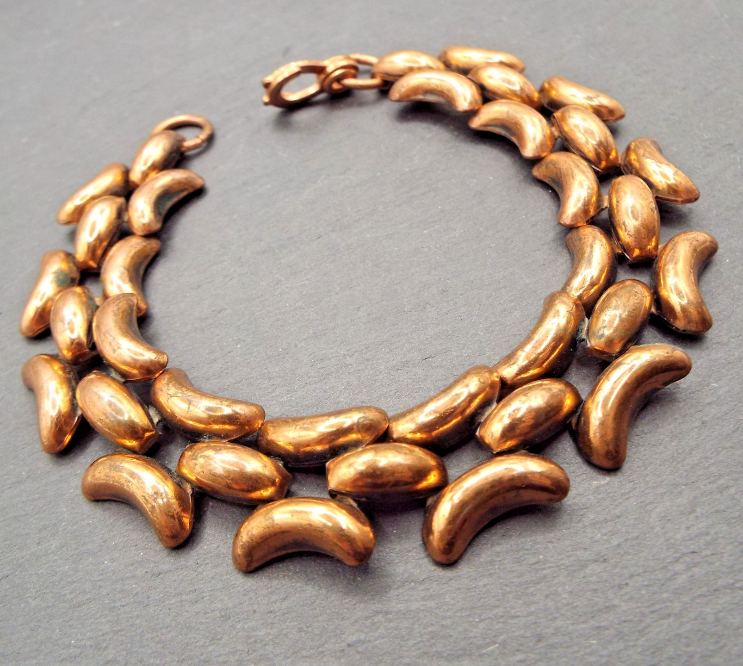 ANTIQUE 50’S PATINATED COPPER PUFFY CRESCENT & STRAIGHT LINK BRACELET 9