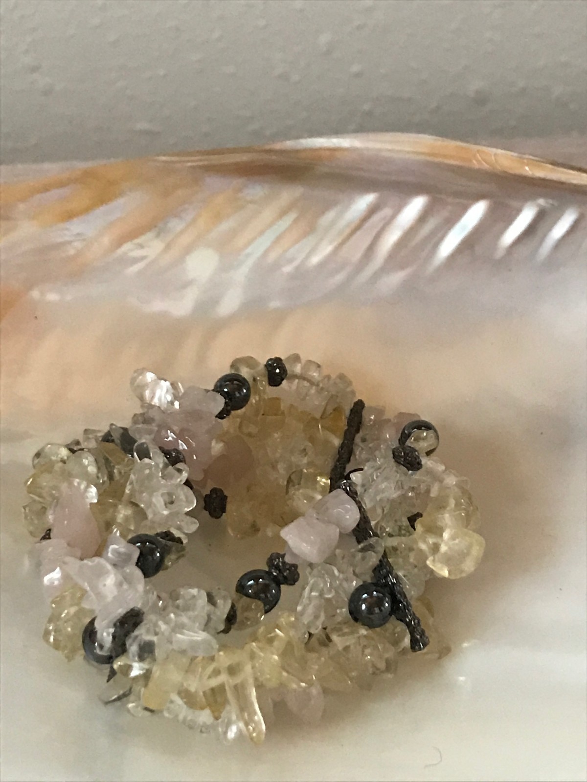 Estate Pale Pink Yellow & White Glass Nugget with Metallic Gray Bead Stretch Bra