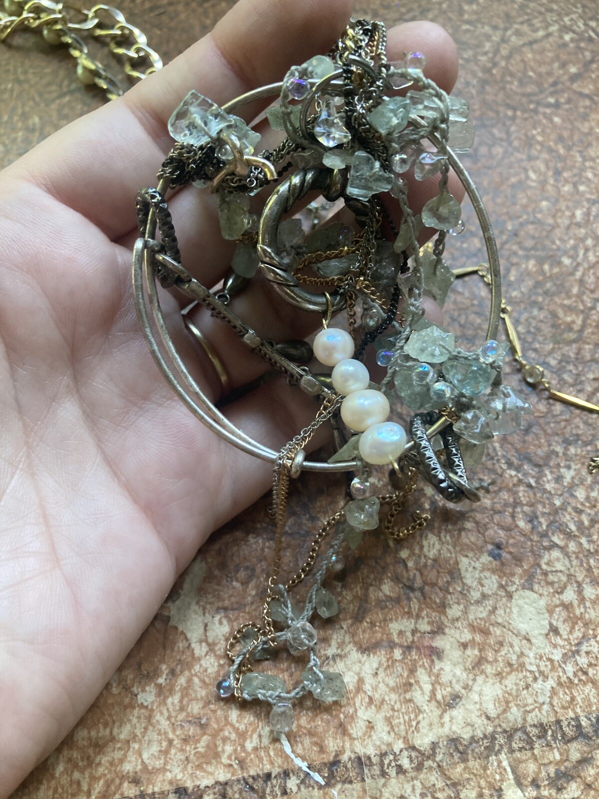 Green Stone Pearl Silver Gold Tone Ethnic long Ooak Handmade Elegant