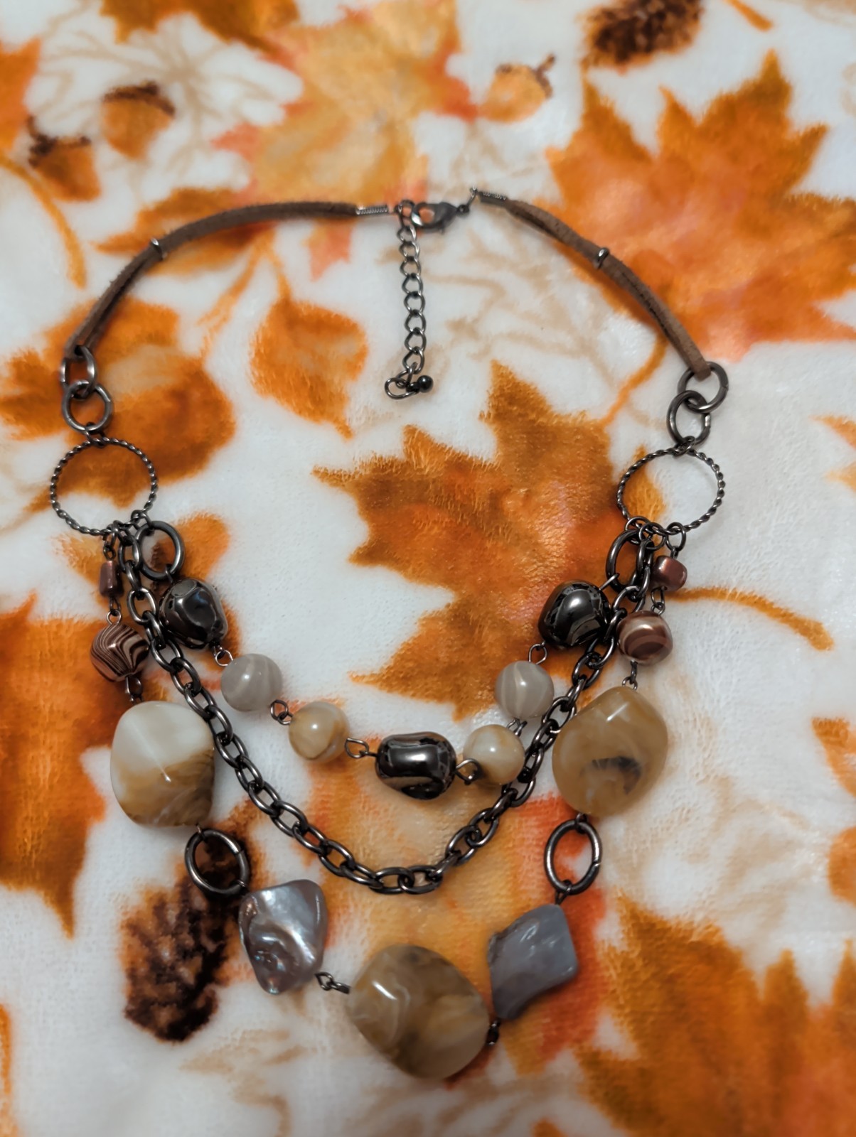 Multicolor Beaded Layered Cable Chain Necklace Round Glass Stone Metal Beads