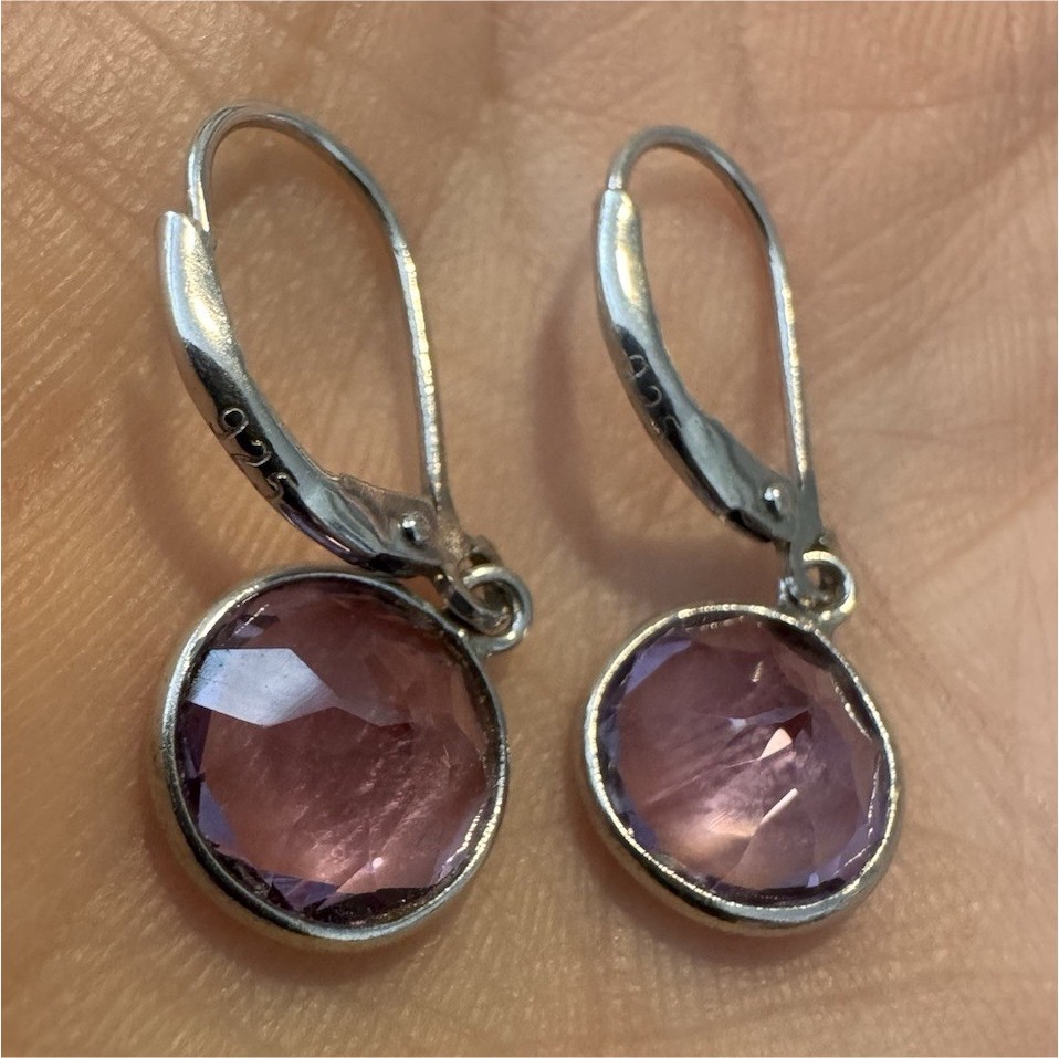 Sterling Silver Earrings Round Amethyst Drops Bezel
