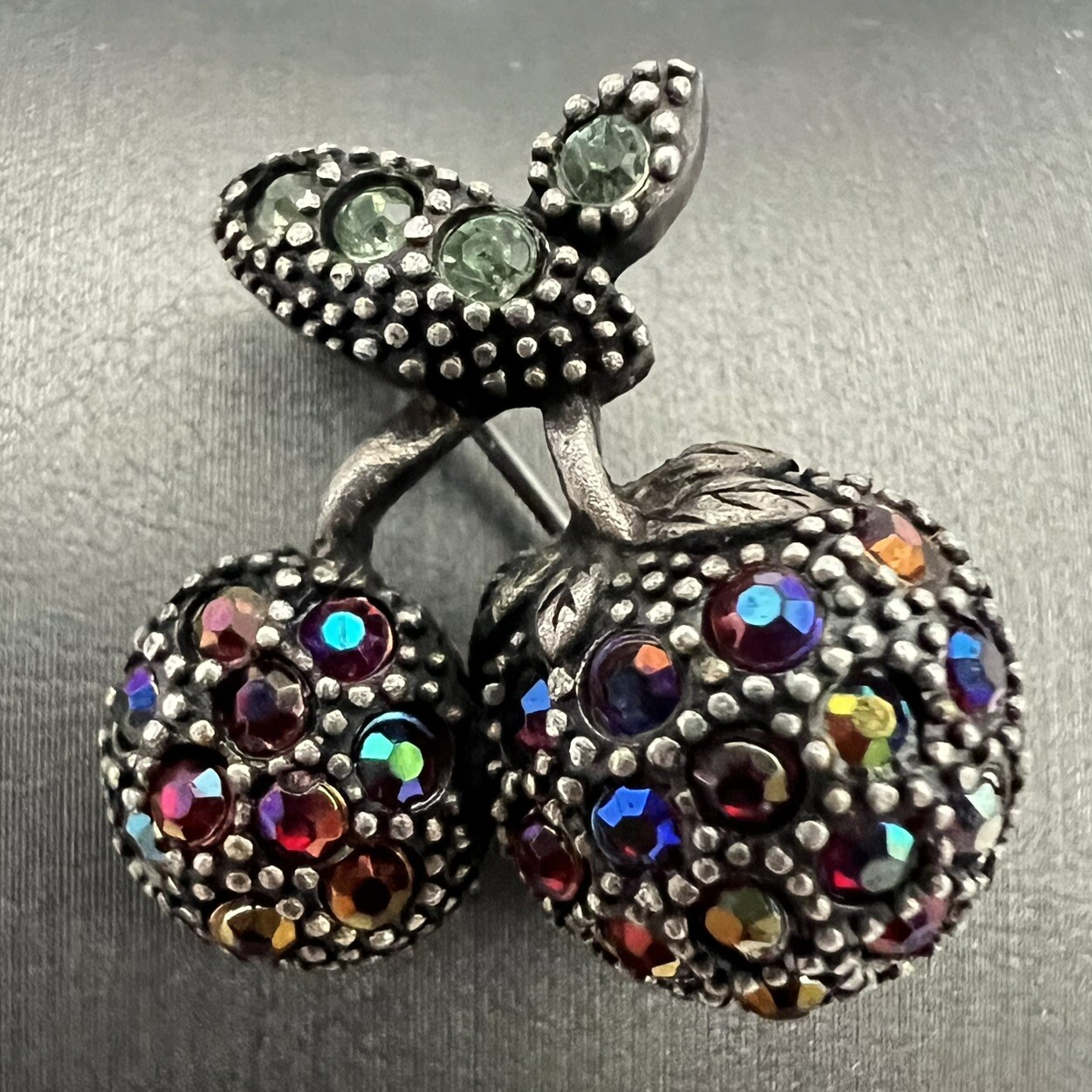 Vintage Red & Green Aurora Borealis Rhinestone Cherry Brooch