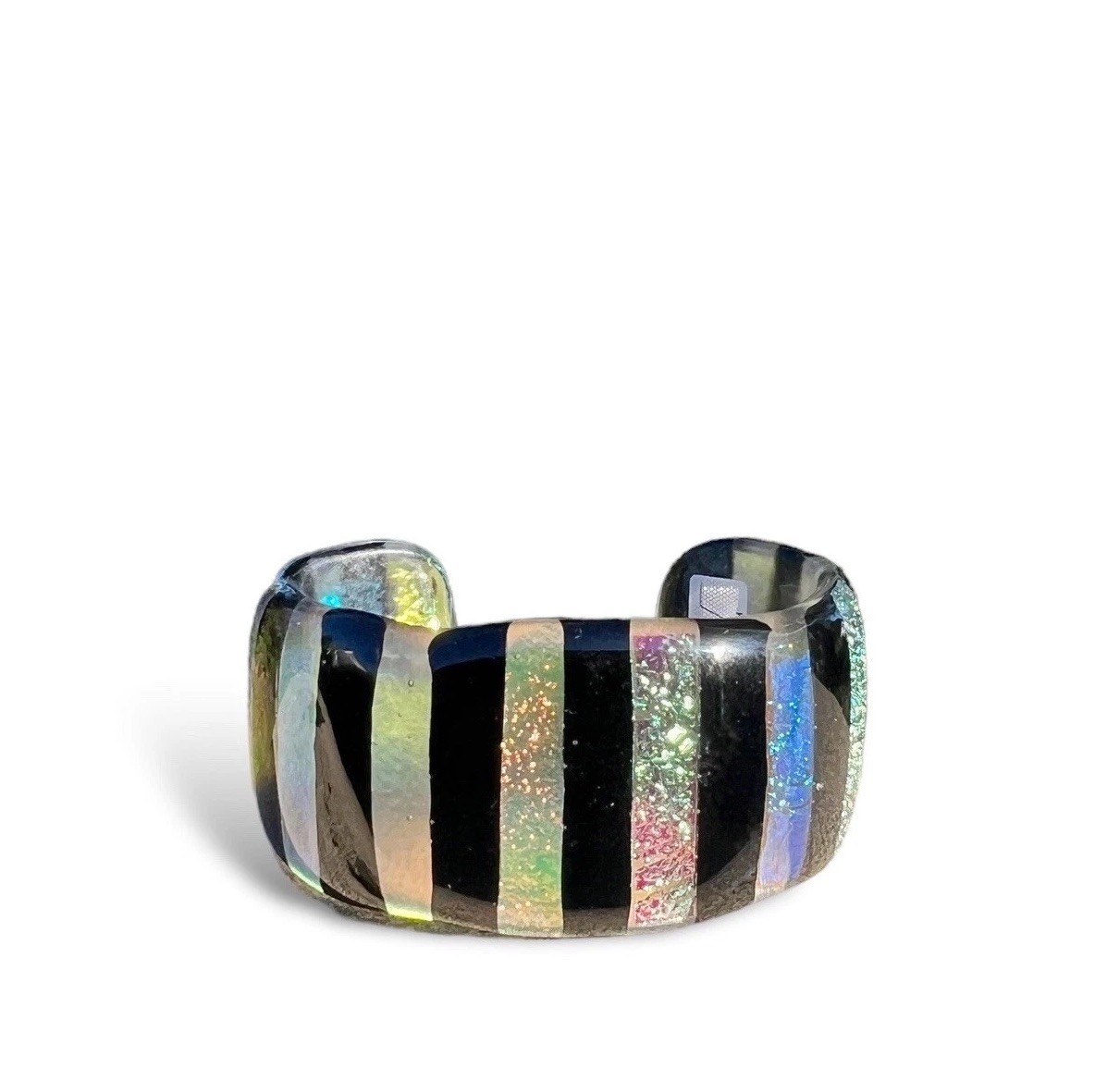 Blown Glass Black Clear Rainbow Dichroic Iridescent Stripe Cuff Bracelet Denmark