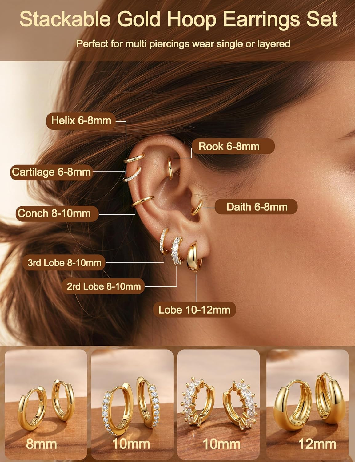14K Gold Plated Chunky Hoop Earrings for Women Hypoallergenic – 4 Pairs Non Tarn