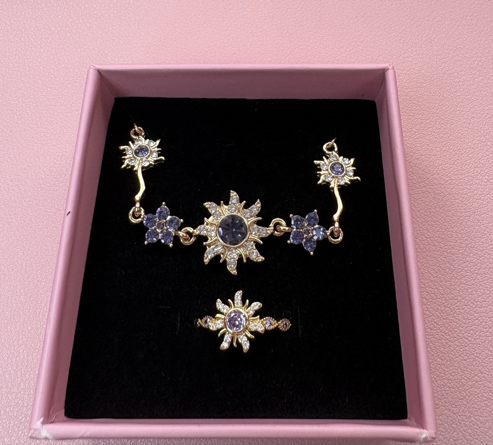 Gold Tone Blue CZ Sun Jewelry Set Round Cubic Zirconia Necklace Bracelet Ring