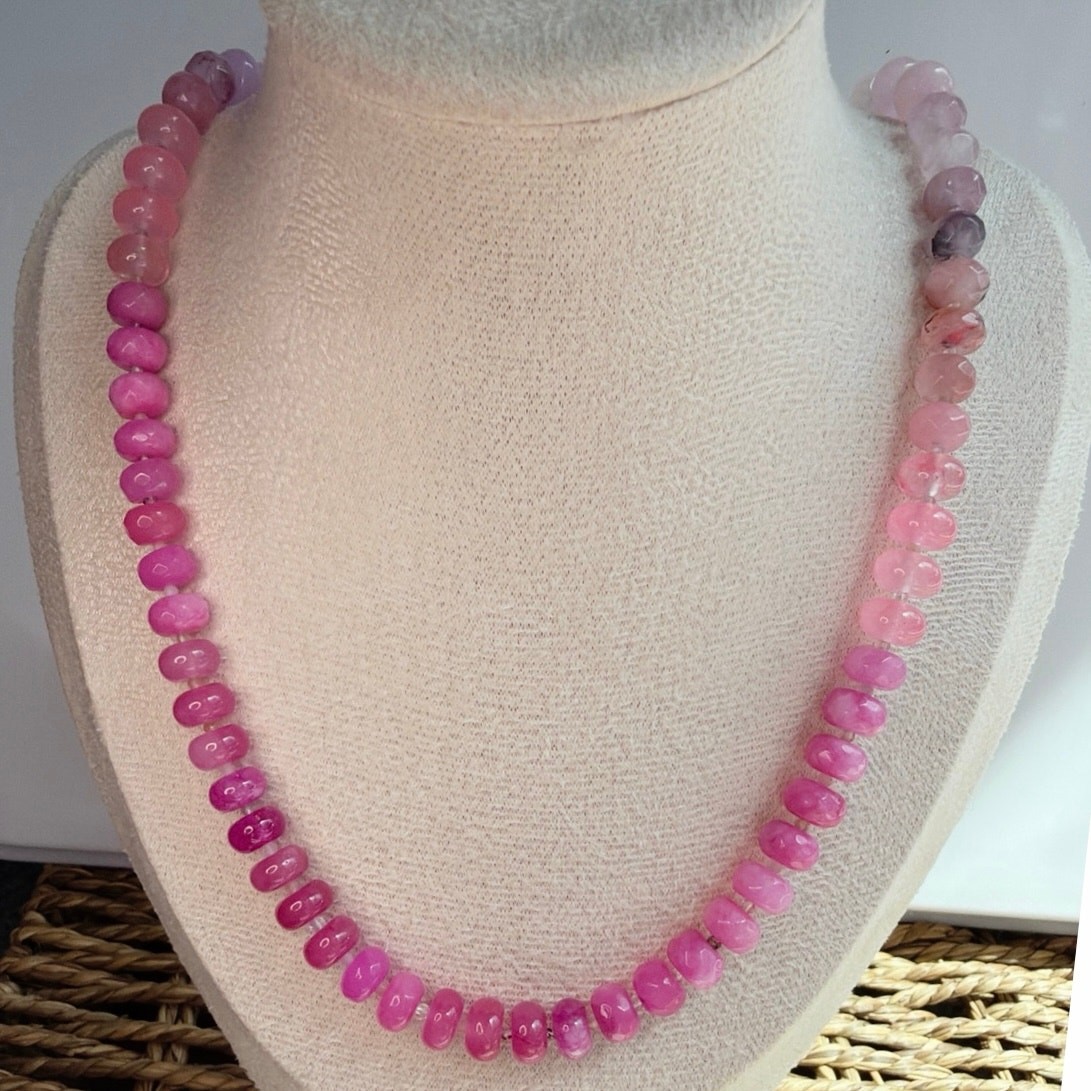 20″ Ombre Pink Gemstone Necklace, Silver Tone Hardware, Quartz, Jade, Agate
