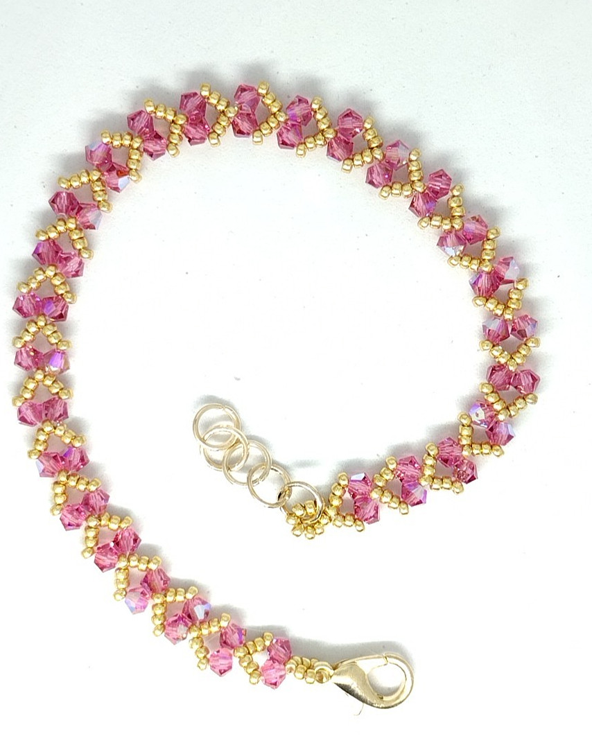 6-inch Bracelet 3mm Pink Crystal Sparkly Bicone Beads/Gold Miyuki Beads