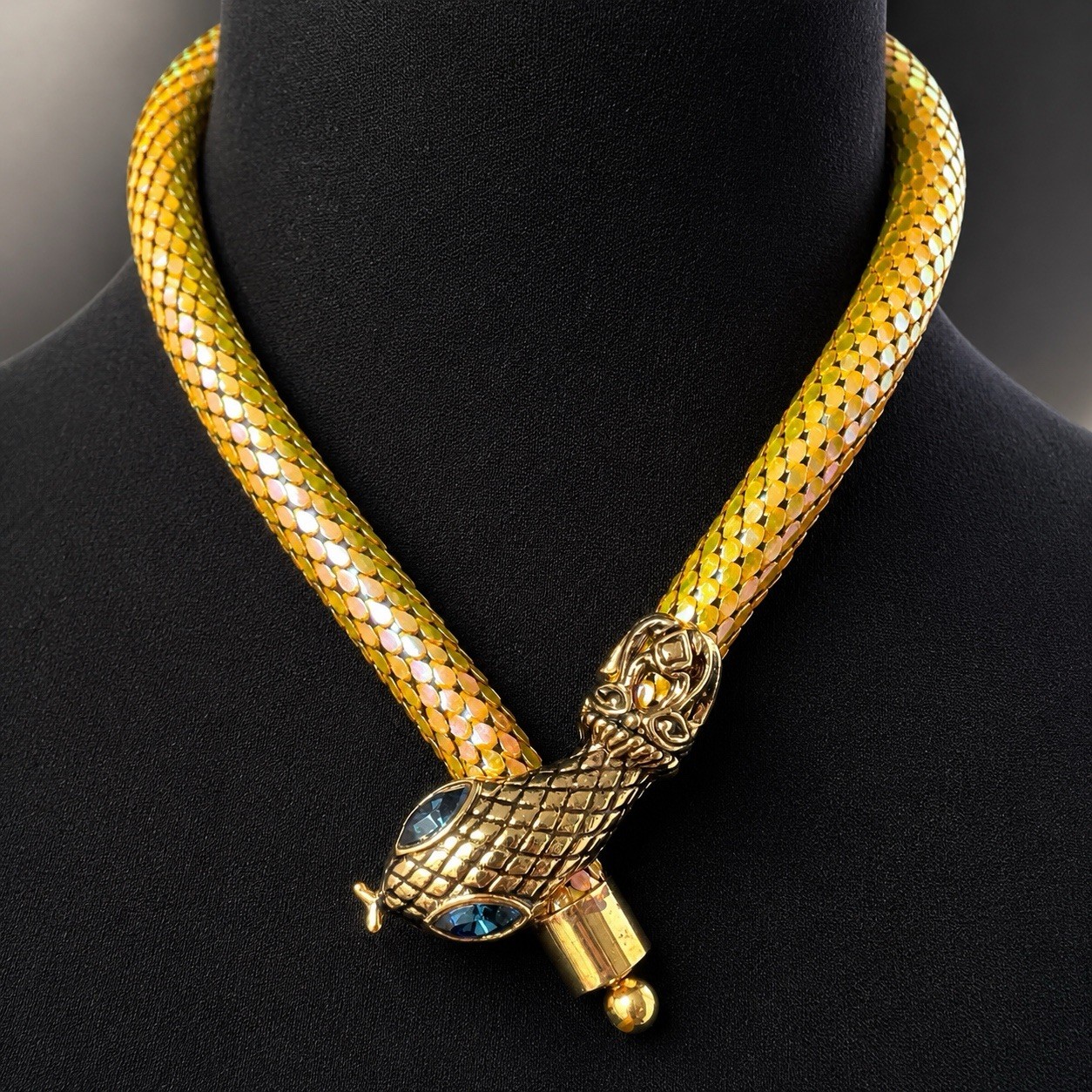 DL Auld Vintage Iridescent Yellow Mesh Snake Serpent Necklace Blue Crystal Eyes
