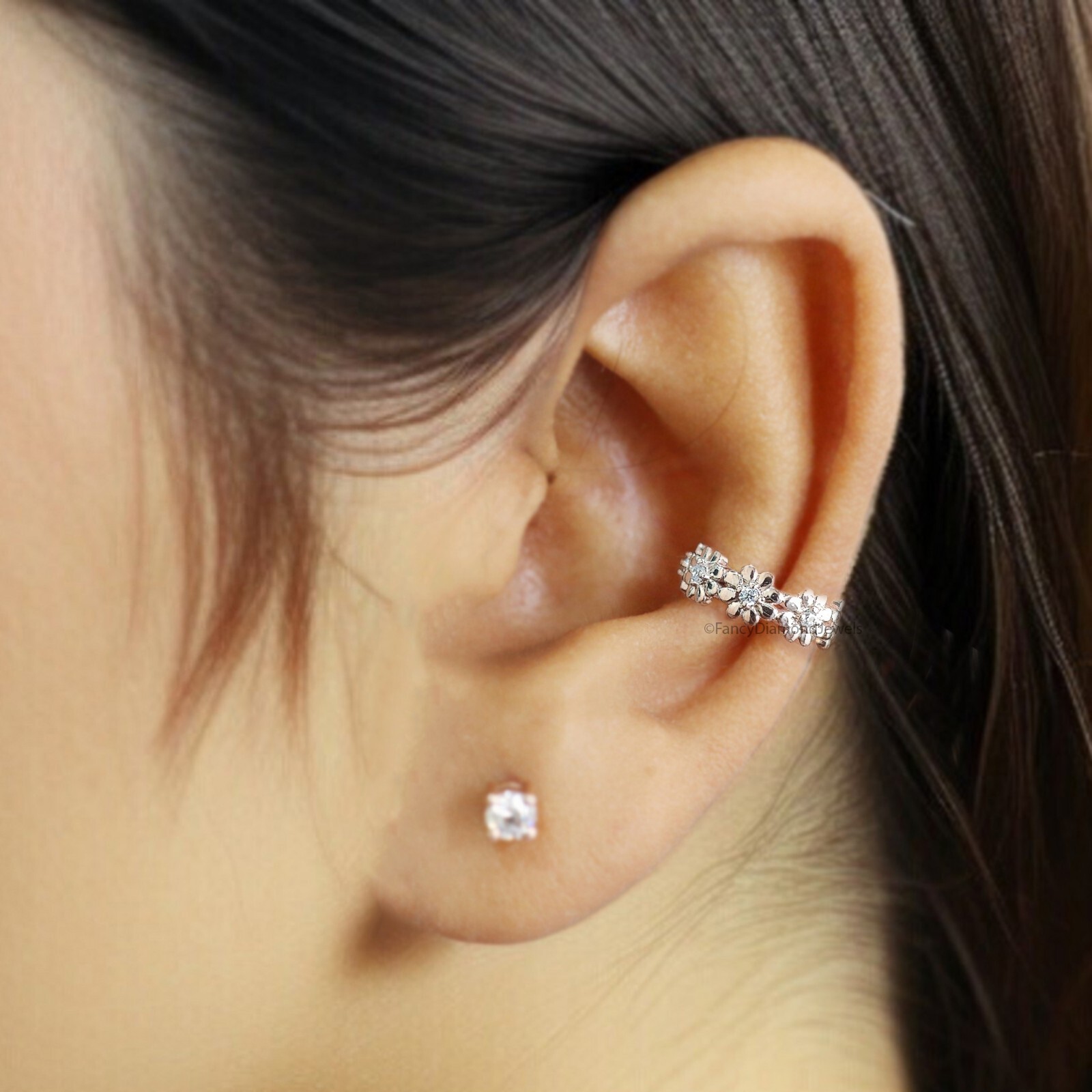 Natural Round White Diamond Ear Cuff 14K Rose White Yellow Gold Ear Cuff KD1069