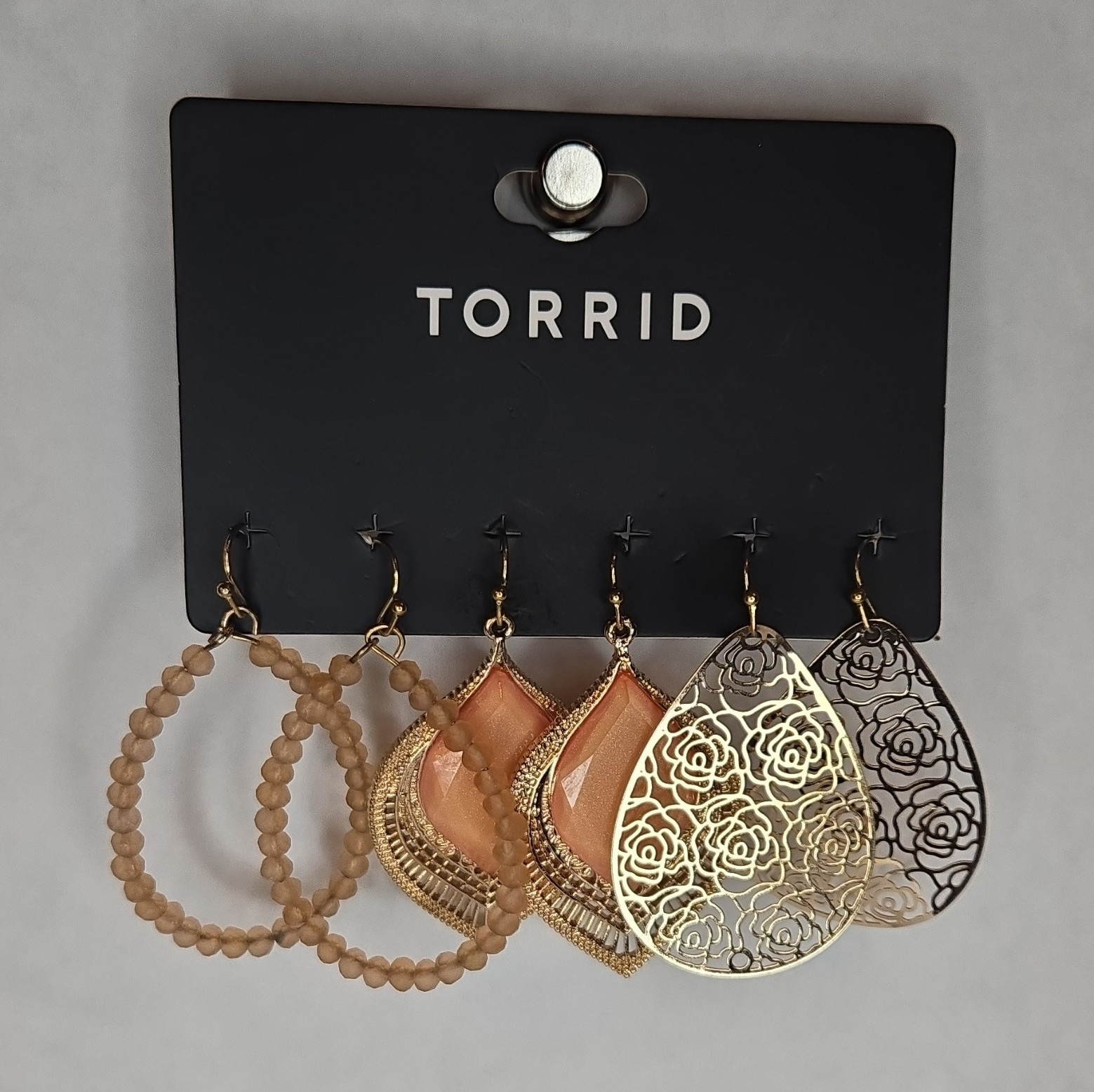 Torrid 3-Pair Filigree Peach Trio Dangle/Drop Hoop Earrings Gold Tone Hook