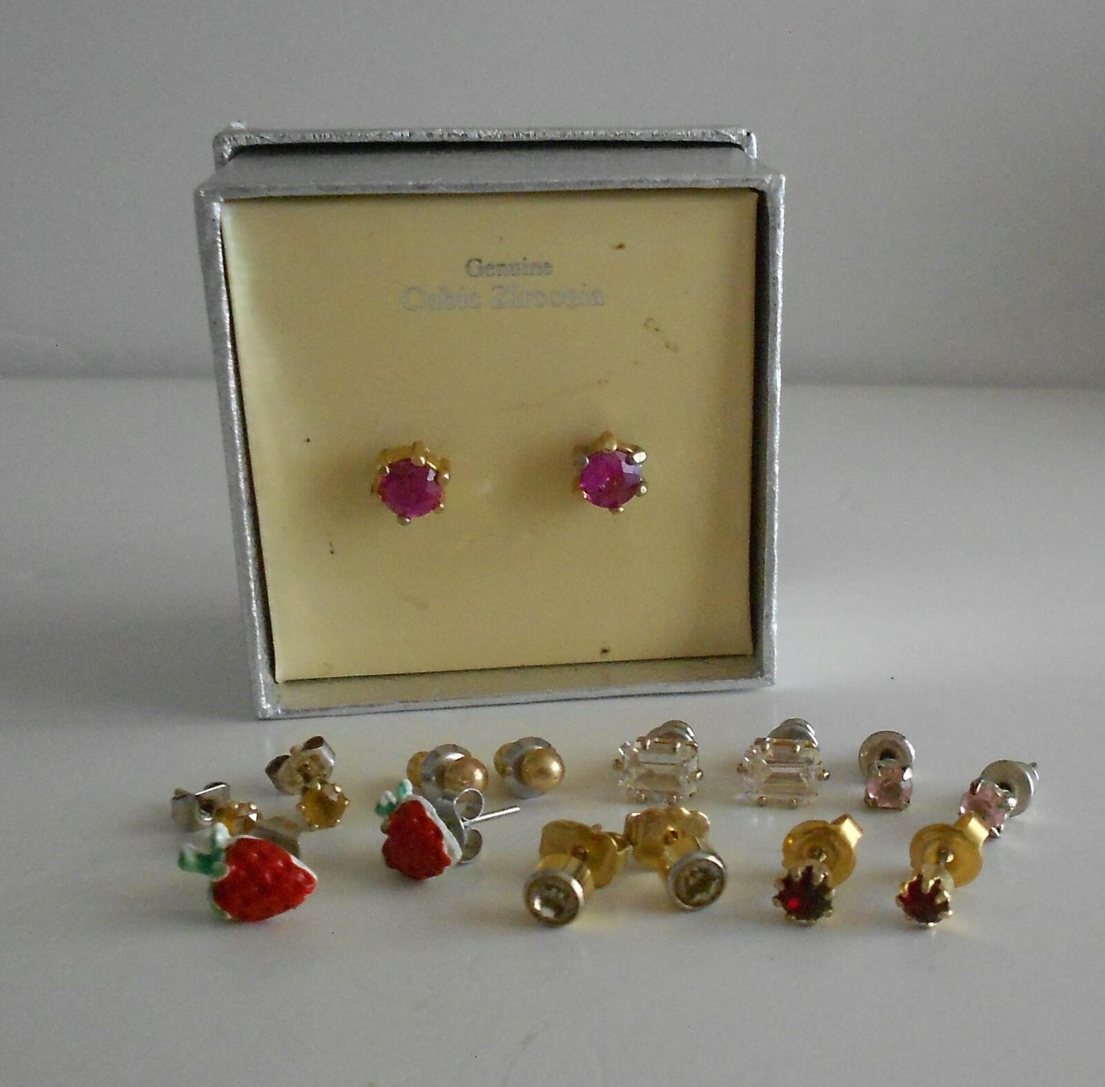 8 Pair Stud Earrings Pink Cubic Zirconia Red Enamel Strawberry