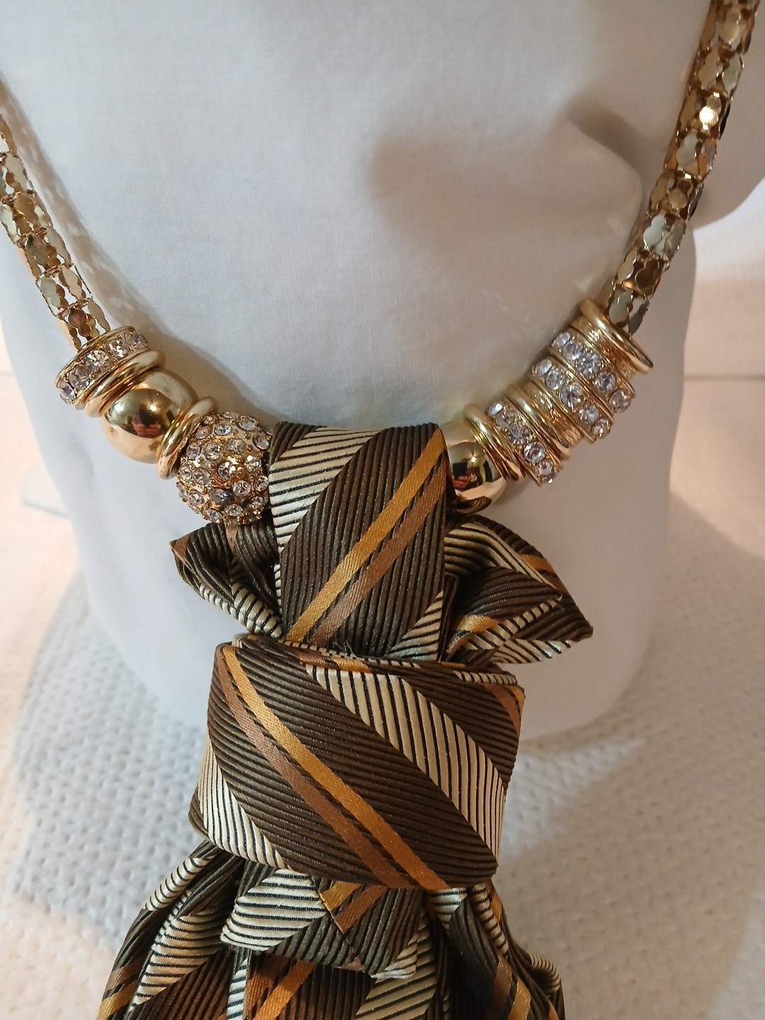 Womens Tie Necklace Repurpose Color Brown & Tan Comes With Broch & Necklace