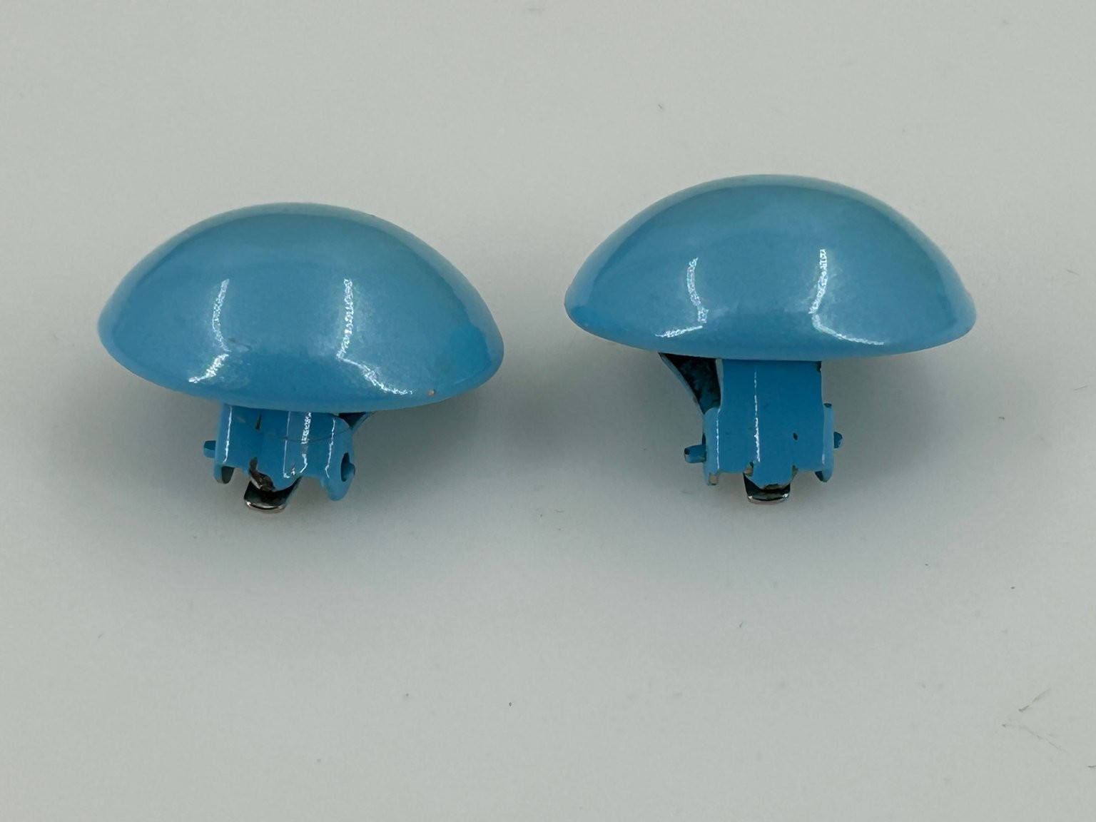 Vintage Blue Enamel Dome Button Clip On Earrings 1 Inch Round Metal