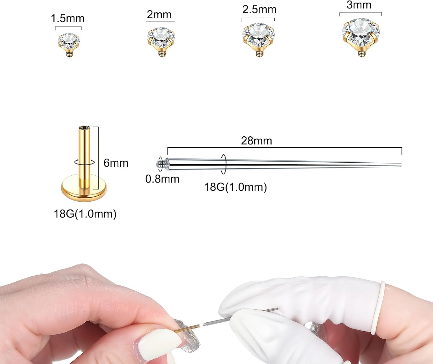 Flat Back Stud Earrings 14K Gold Plated Internally Threaded CZ Stud Piercing Jew
