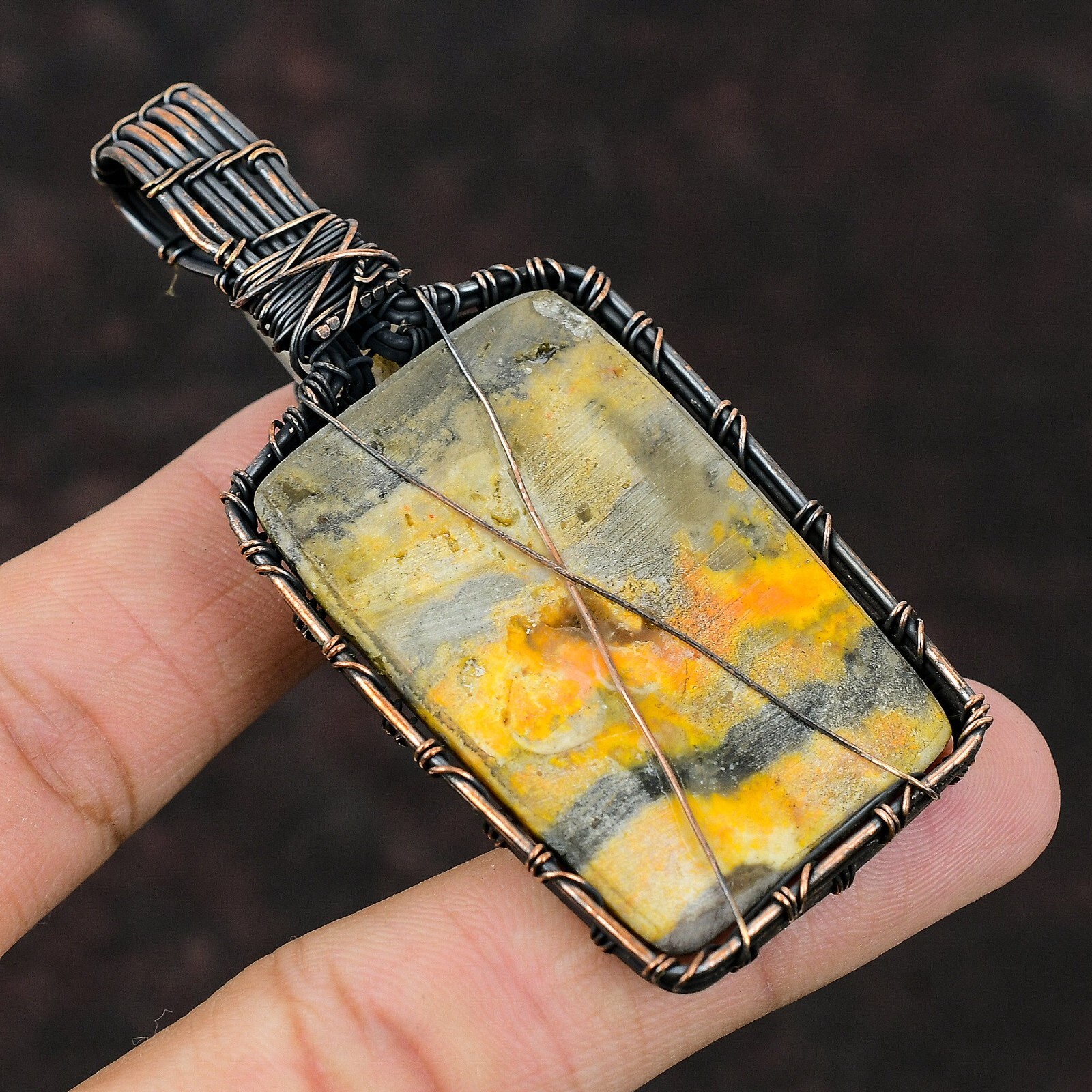 Bumble Bee Jasper Wire Wrapped Pendant Handcrafted Copper Valentine Gift 3.15″