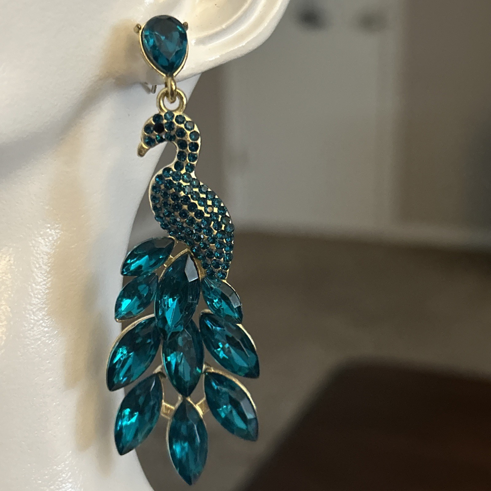 Gorgeous Teal Green Rhinestone Peacock Dangle Earrings
