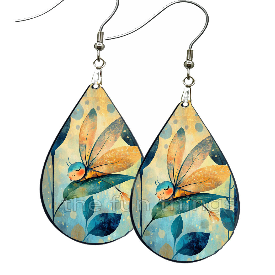 Whimsical Sleepy Dragonfly Art Print Earrings Teardrop NO TARNISH Wood Dangle