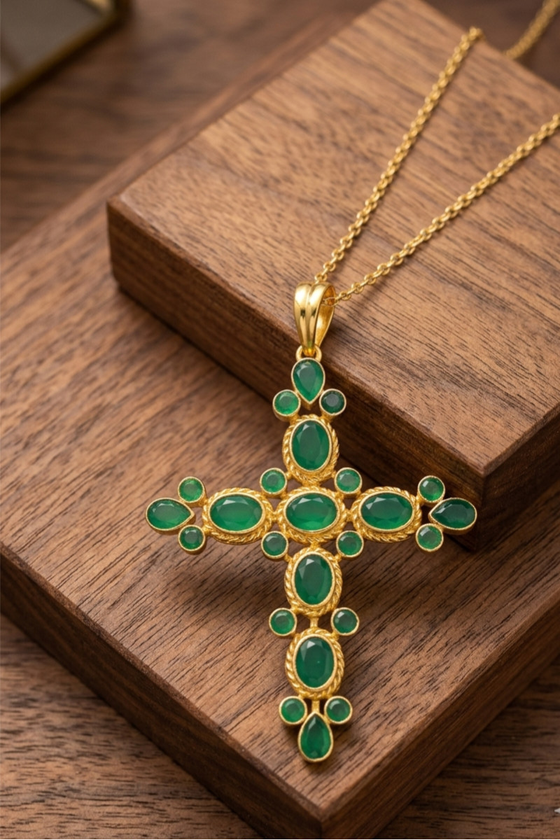 Brass Red Garnet Cross Pendant Gold Color Vintage Style Christian Jewelry Gift.
