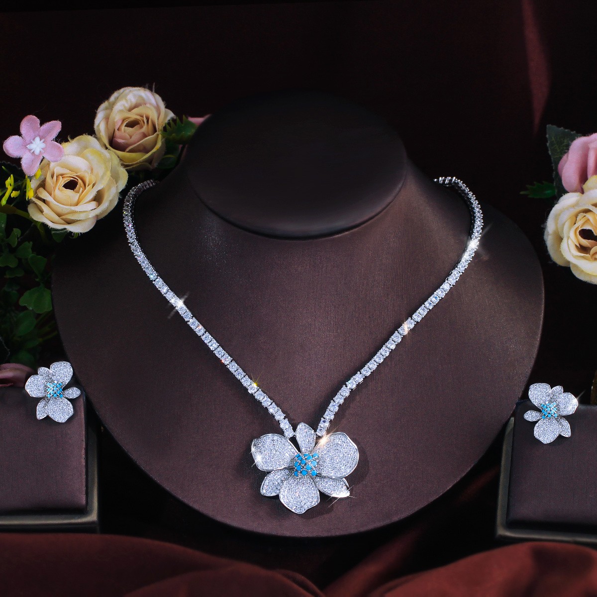Silver Plated Big Flower Choker Necklace Earrings Bride CZ Turquoise Jewelry Set