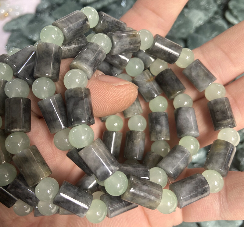 Certified Gray Natural Type A Jade Jadeite Carved Circle 路路通 Bead Bracelet 7.5“