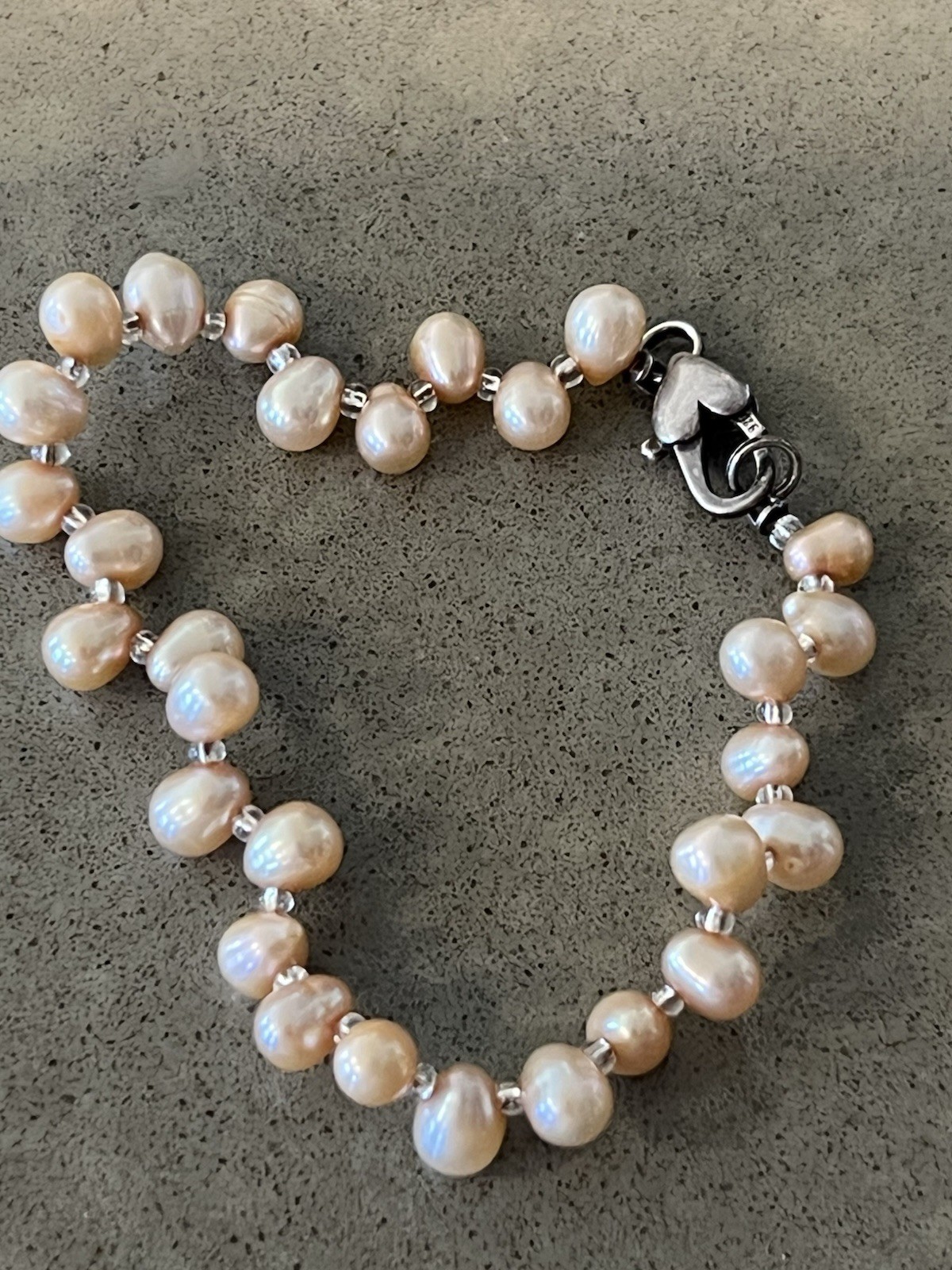 Freshwater Champagne Peach ￼Pearl Bracelet Sterling 925 Baroque 7.5” 8.6g Heart