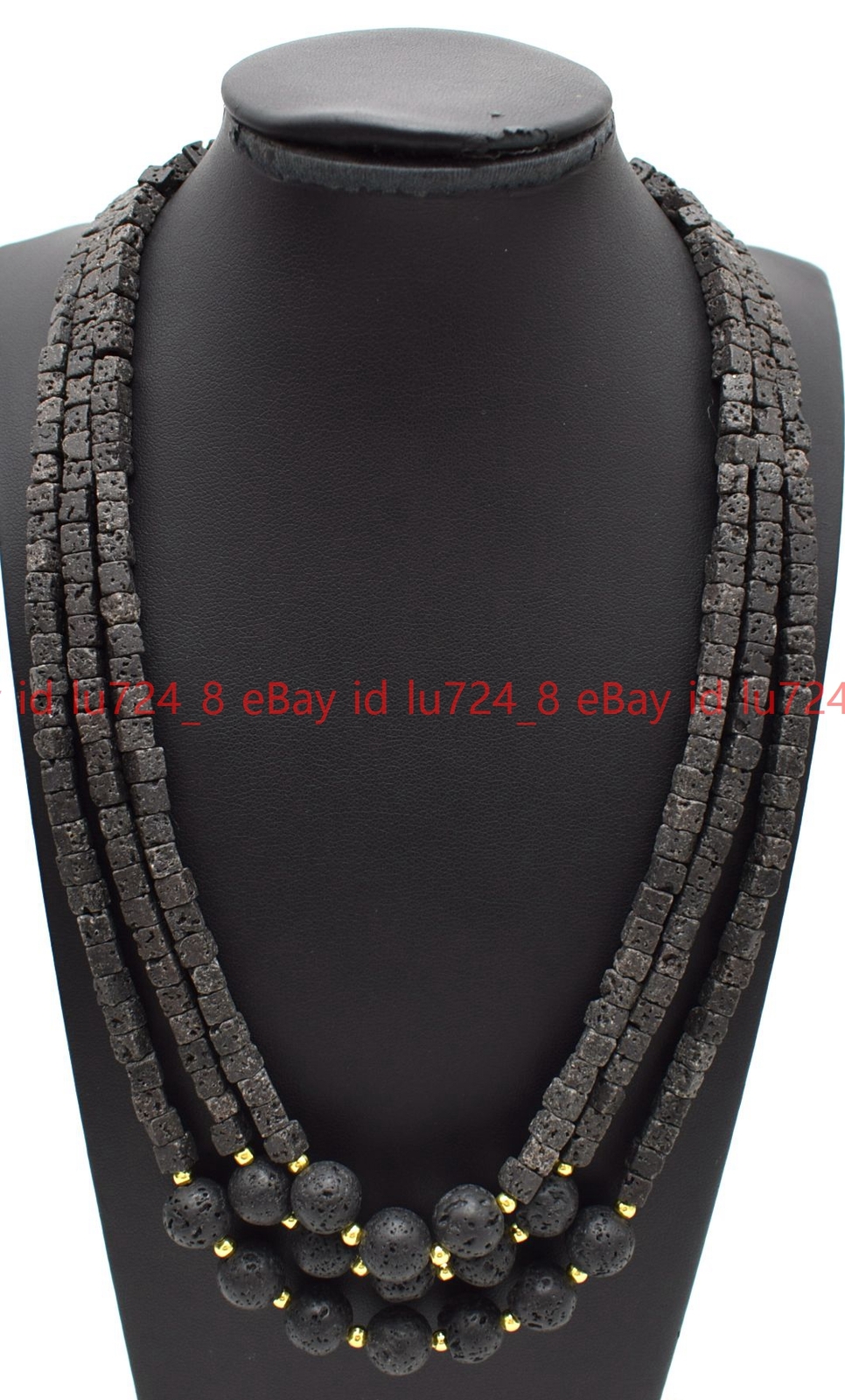 Multiple Styles 3 Rows 5x5mm Square &Round Black Lava Rock Gems Necklace 18-20″