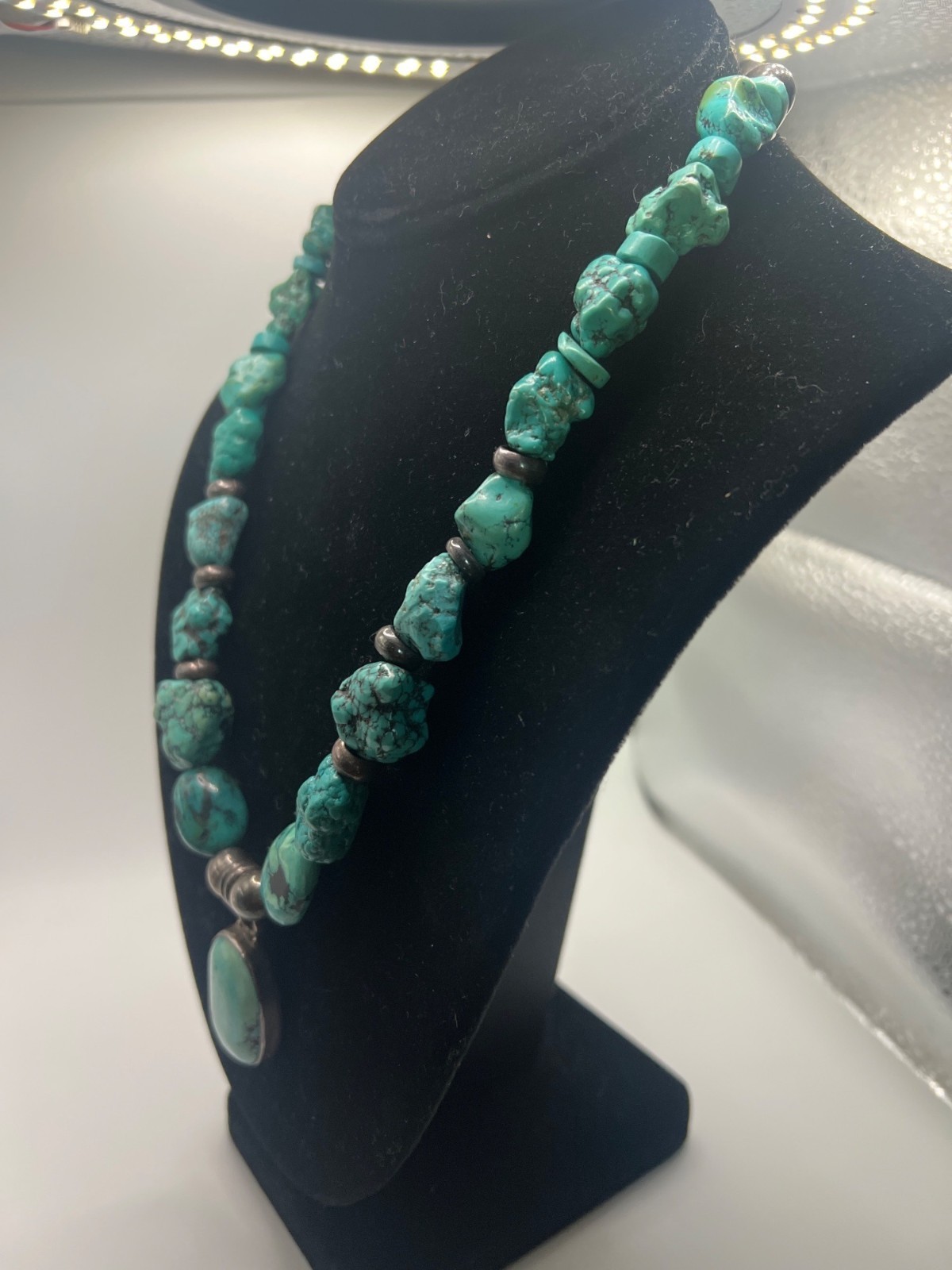 Dyed Turquoise? & Silver Beaded Necklace With Large Oval Pendant