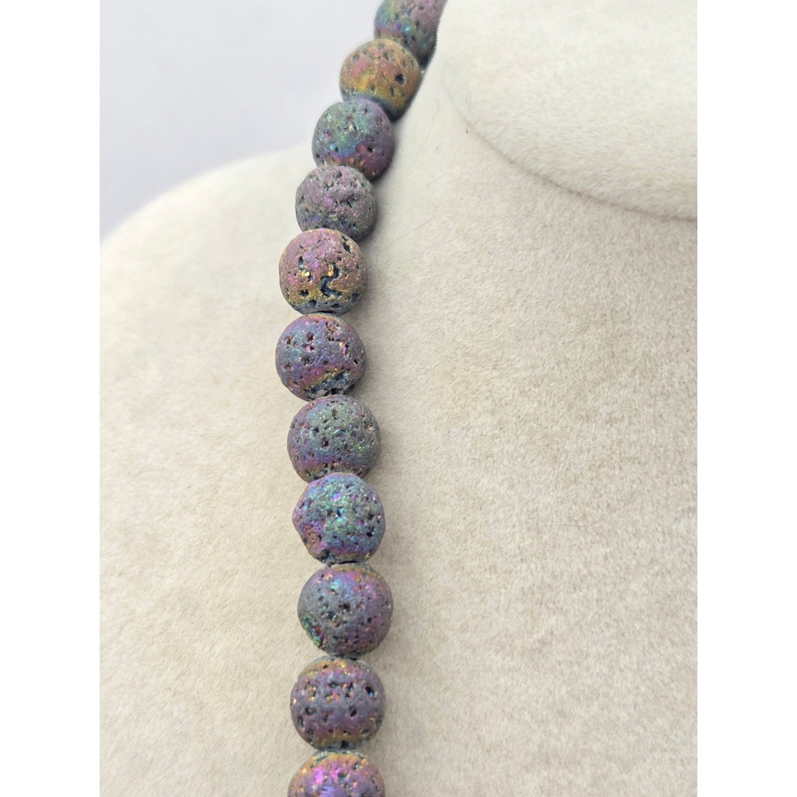 Raw Rainbow Aura Titanium Quartz & Lava Rock Statement Bib Necklace – 16″