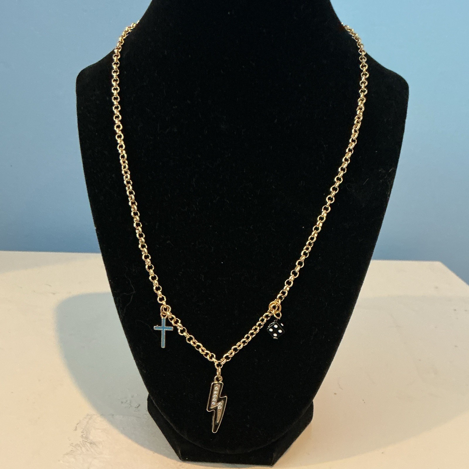 Gold Tone Oval Link Chain Charm Necklace w/ Cross, Lightning Bolt & Dice